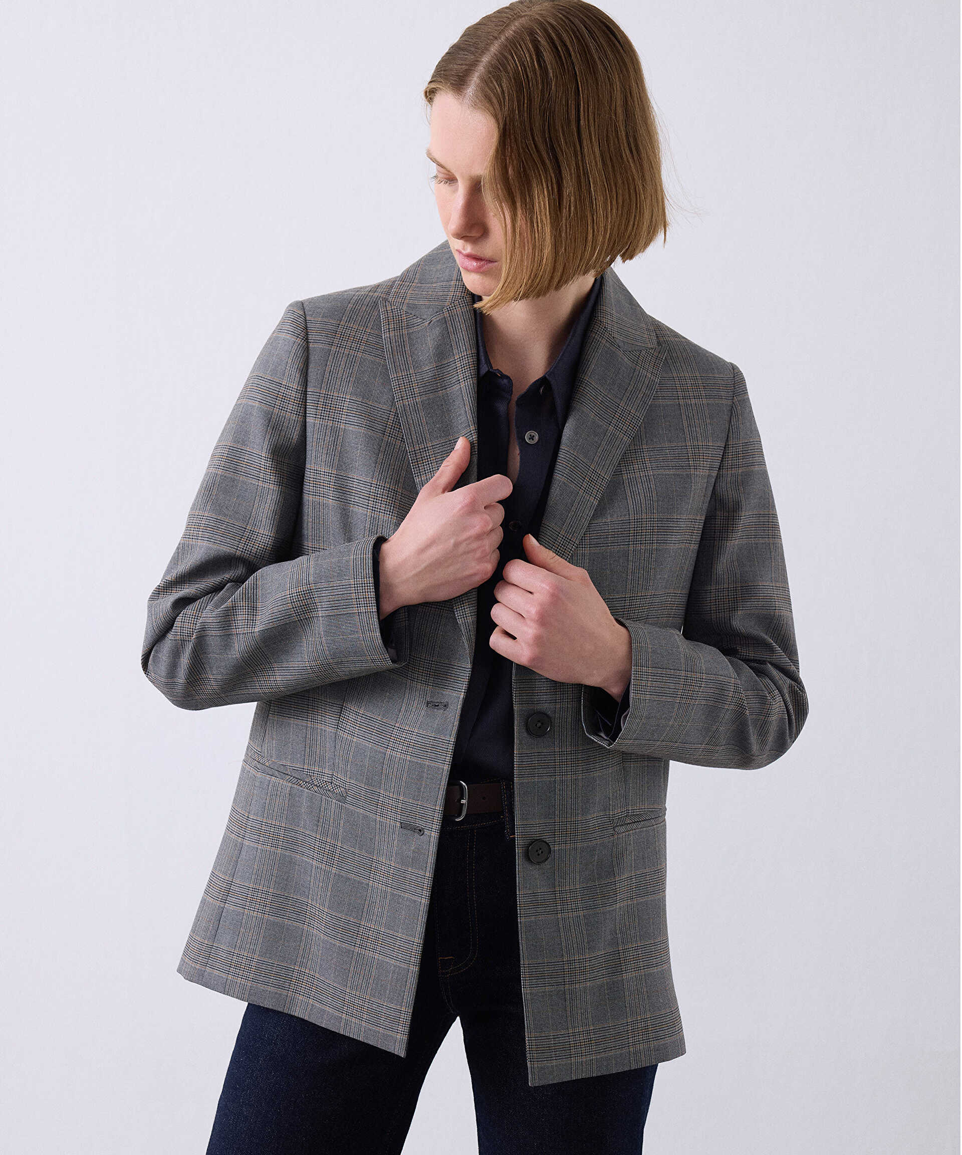 Miss İpekyol Gri Ekose desen fleto cepli blazer