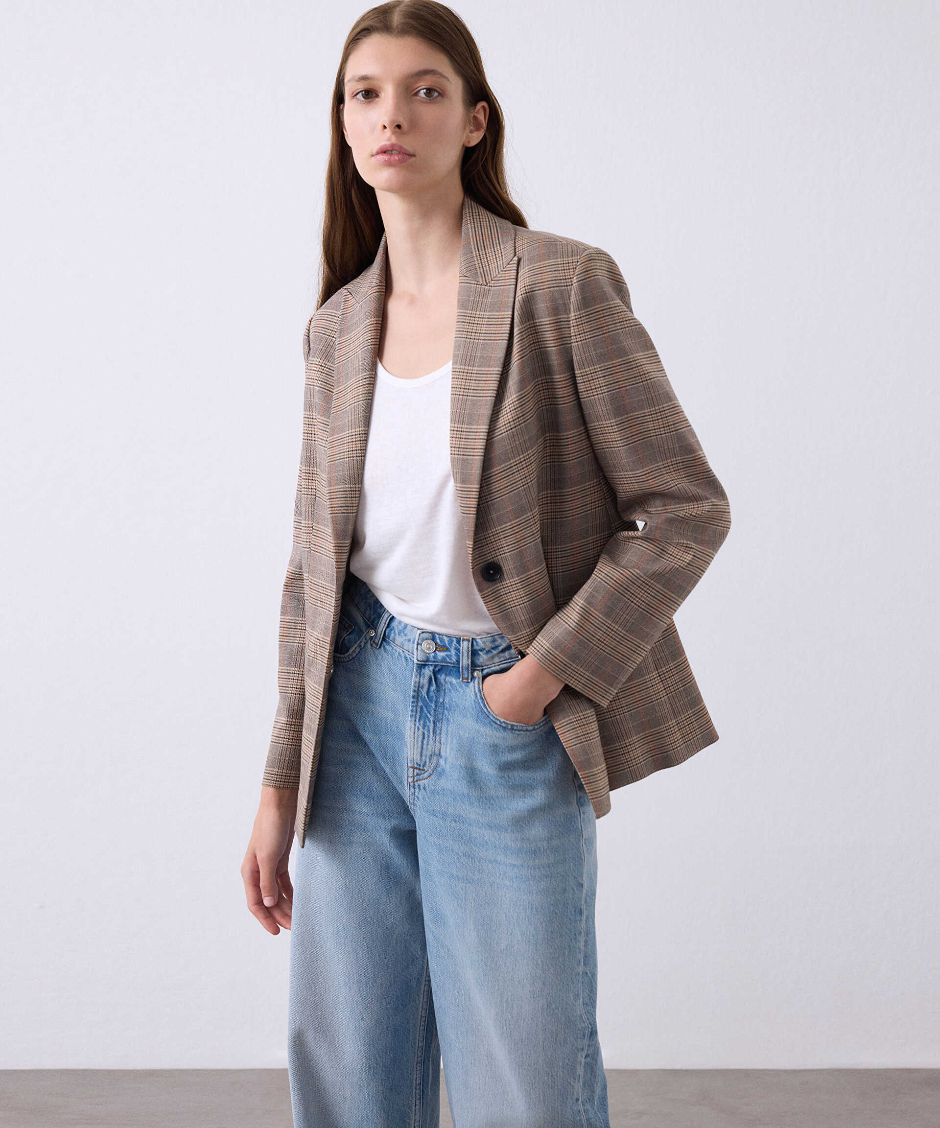 Miss İpekyol Kahverengi Ekose desen blazer