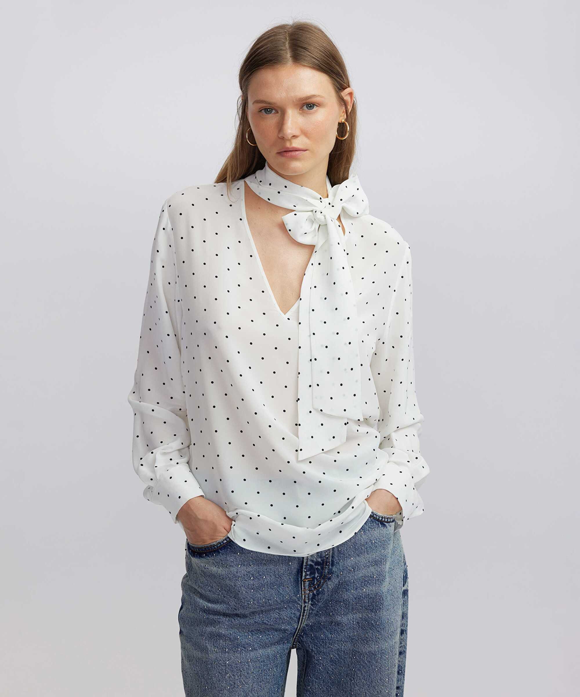 Puantiye desen bluz - IW6240006059096 - Kırık Beyaz Bluz