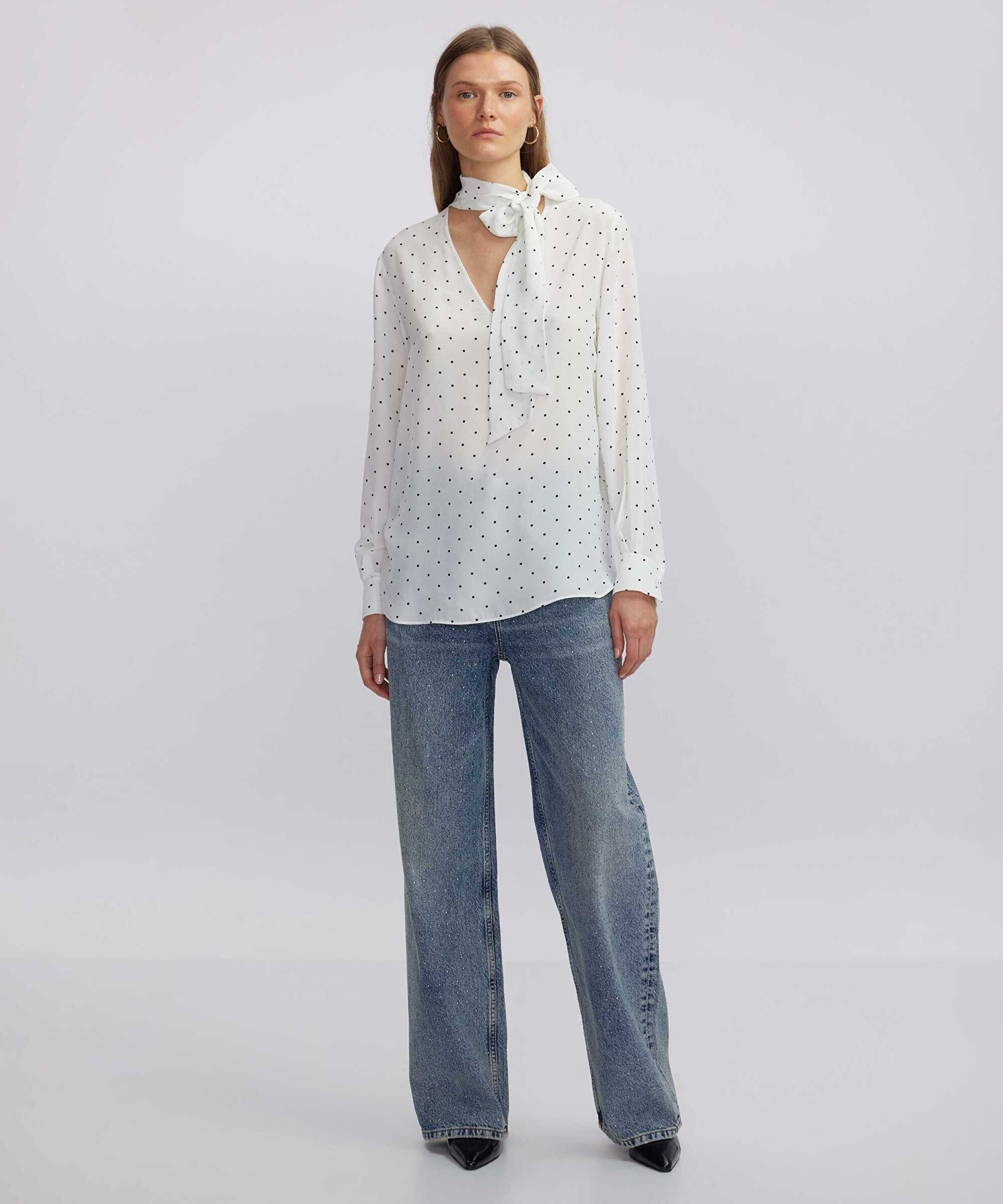 Puantiye desen bluz - IW6240006059096 - Kırık Beyaz Bluz