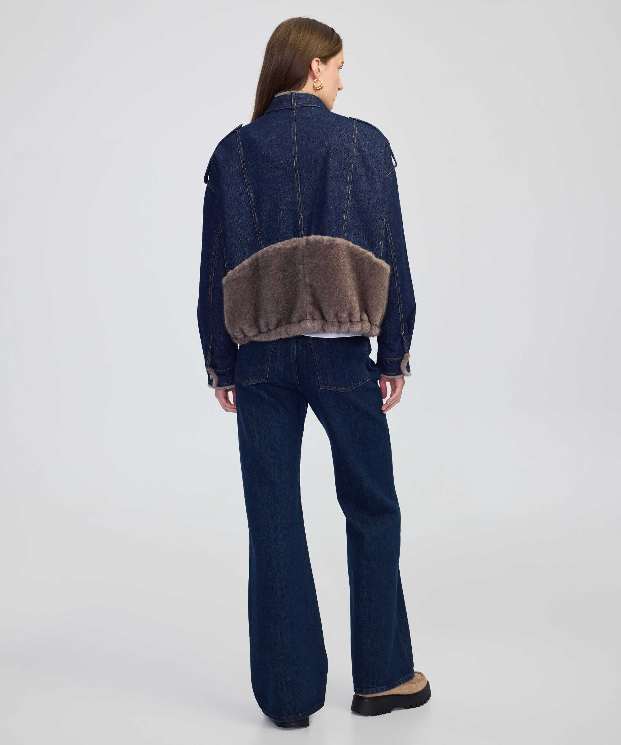 Suni kürk mix kemerli denim mont - IW6250012208629 - İndigo Mont