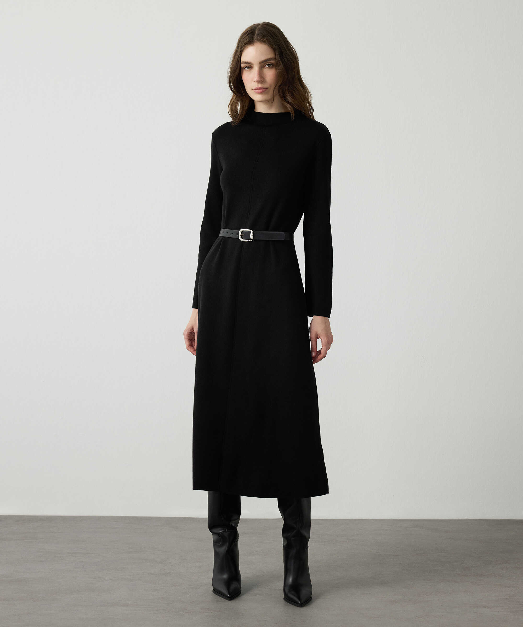 Kemerli triko elbise - IW6260002206001 - Siyah Elbise