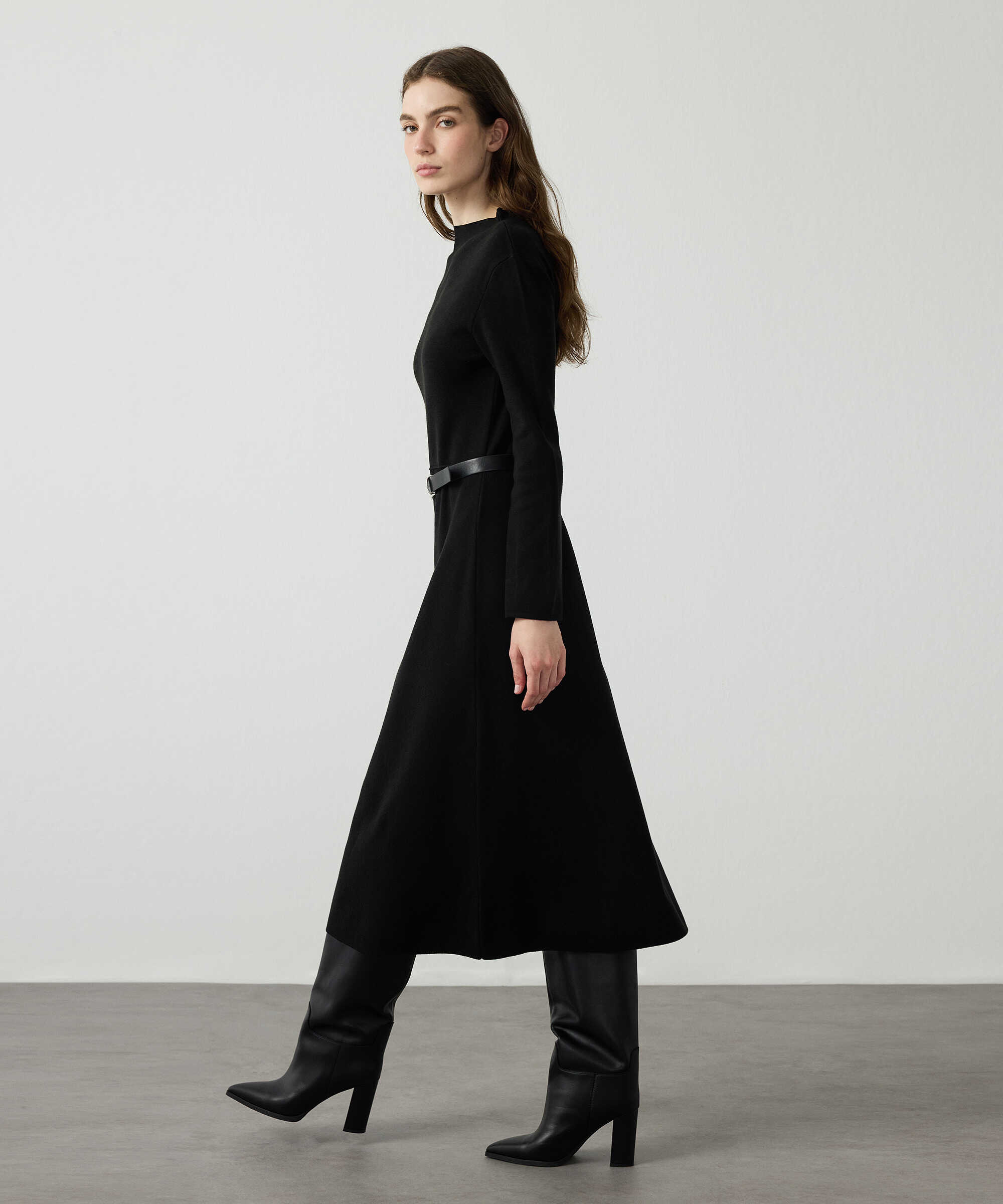 Kemerli triko elbise - IW6260002206001 - Siyah Elbise
