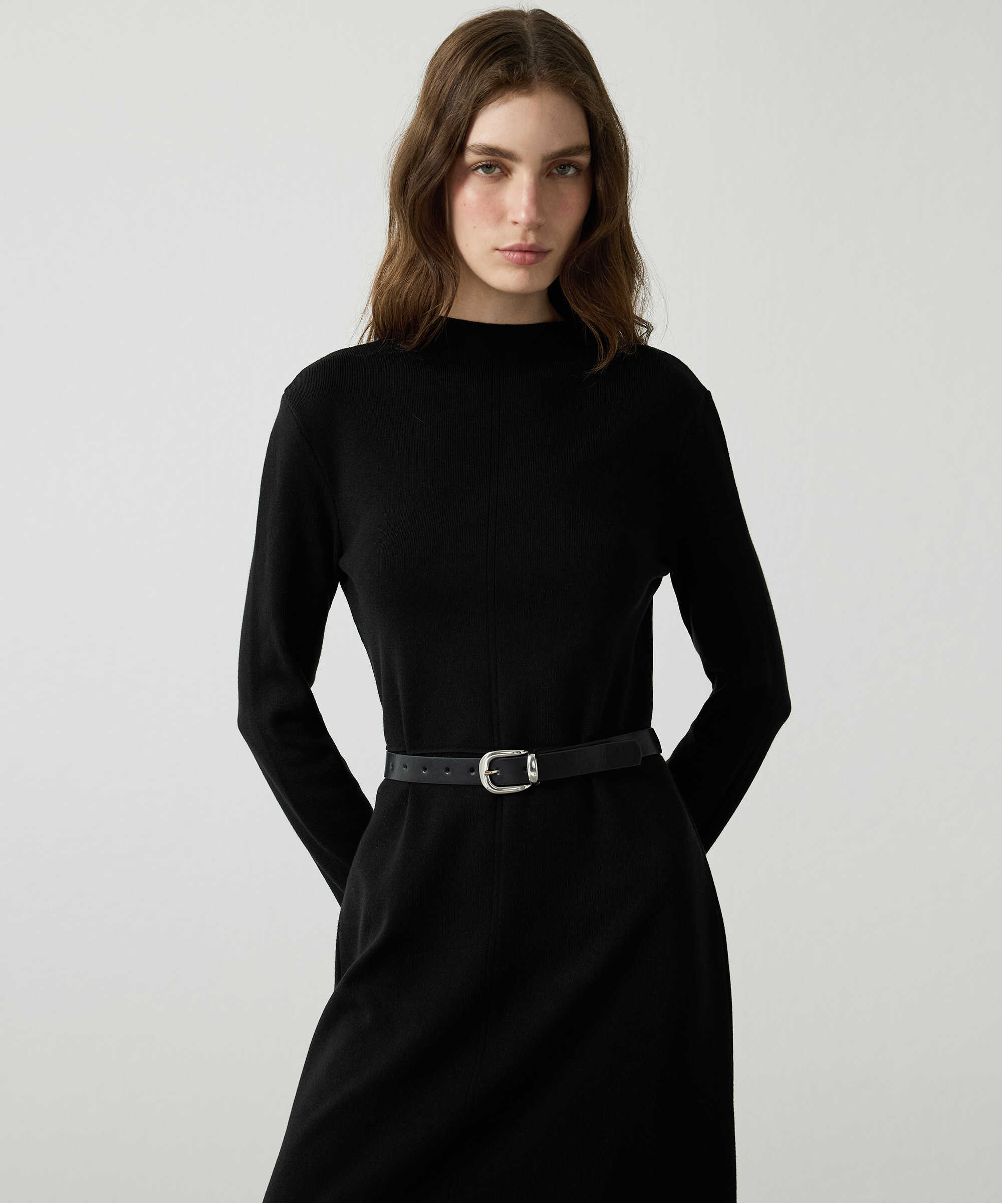Kemerli triko elbise - IW6260002206001 - Siyah Elbise