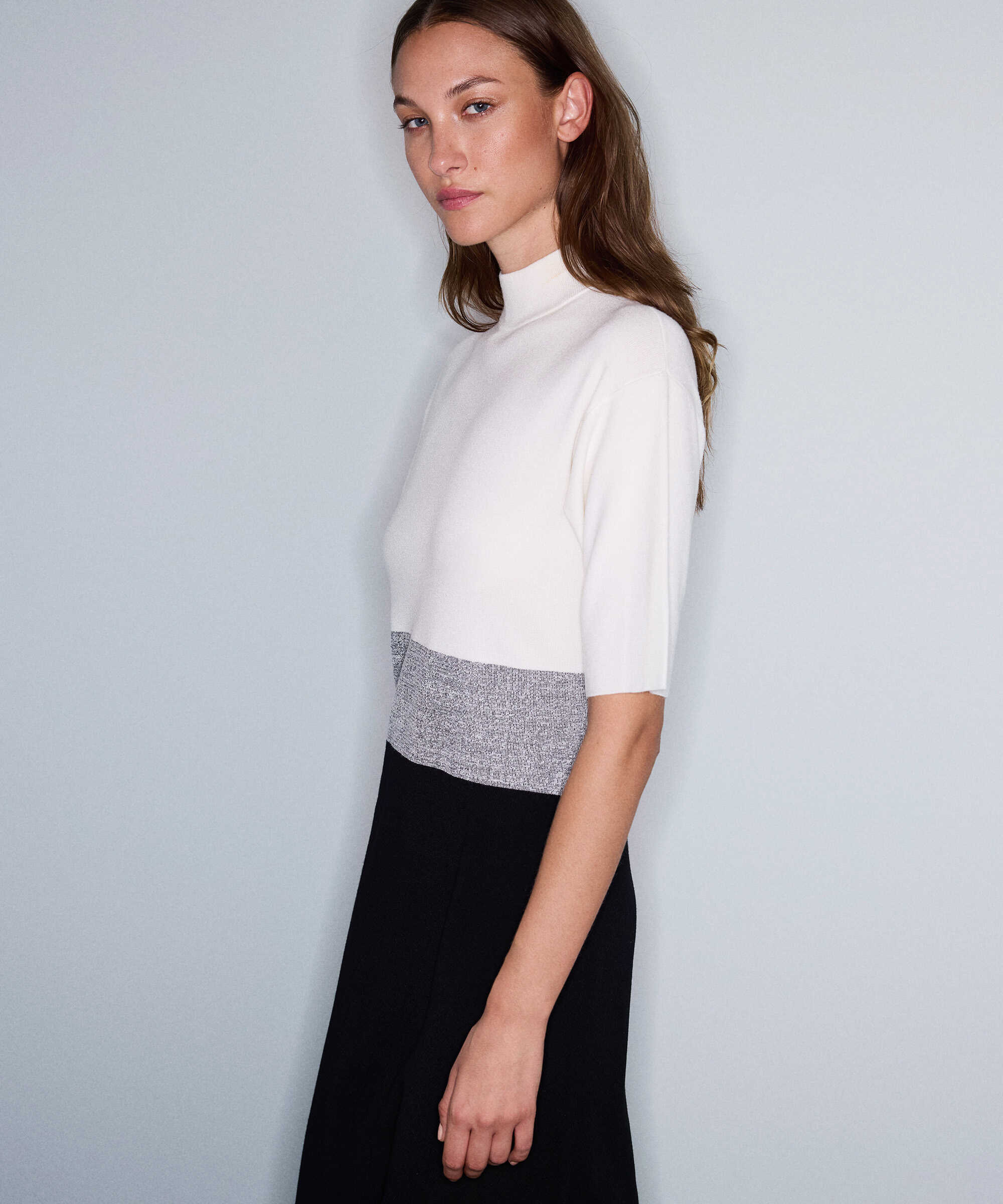 Colorblock triko elbise - IW6260002213018 - Ekru Elbise
