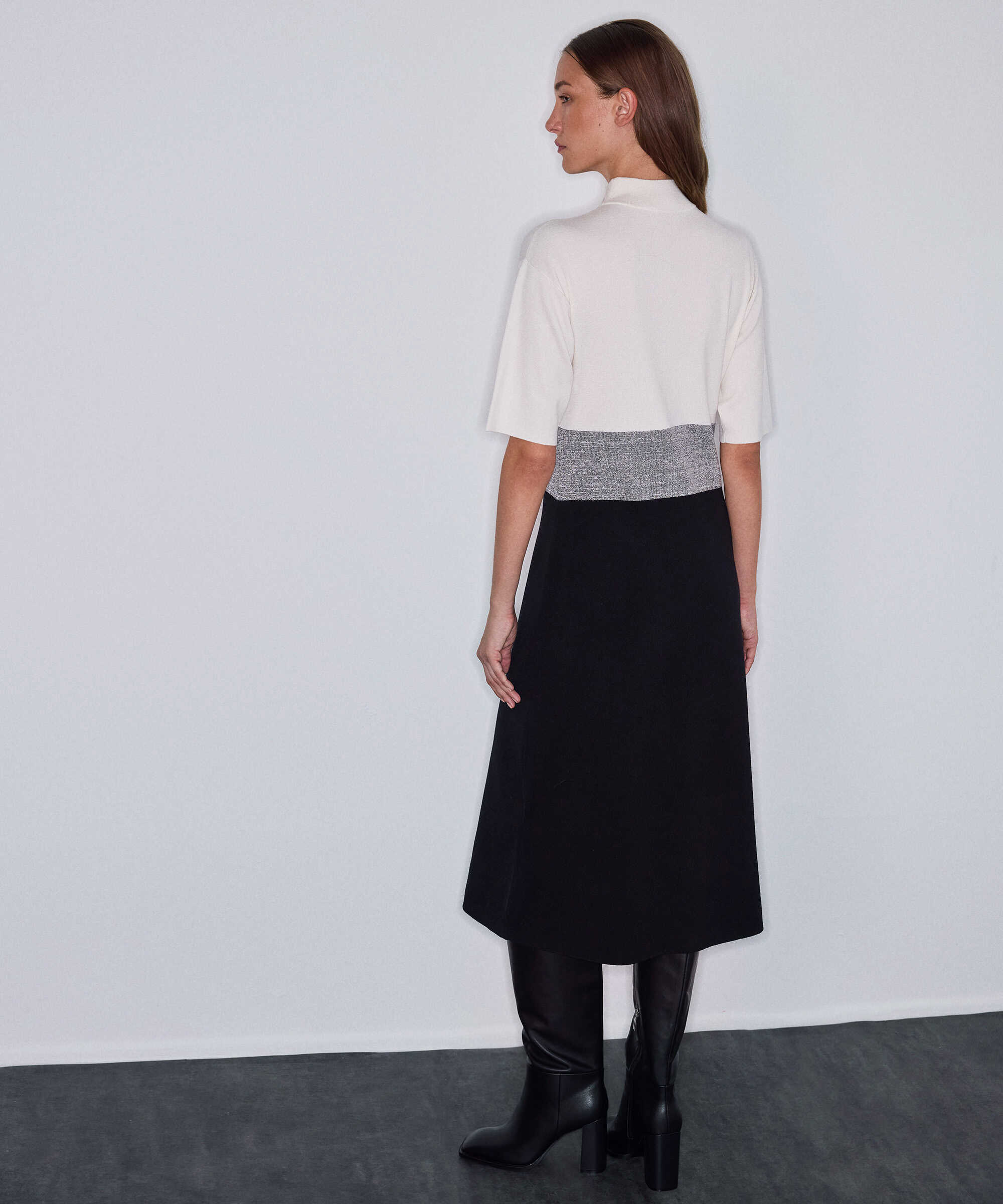 Colorblock triko elbise - IW6260002213018 - Ekru Elbise