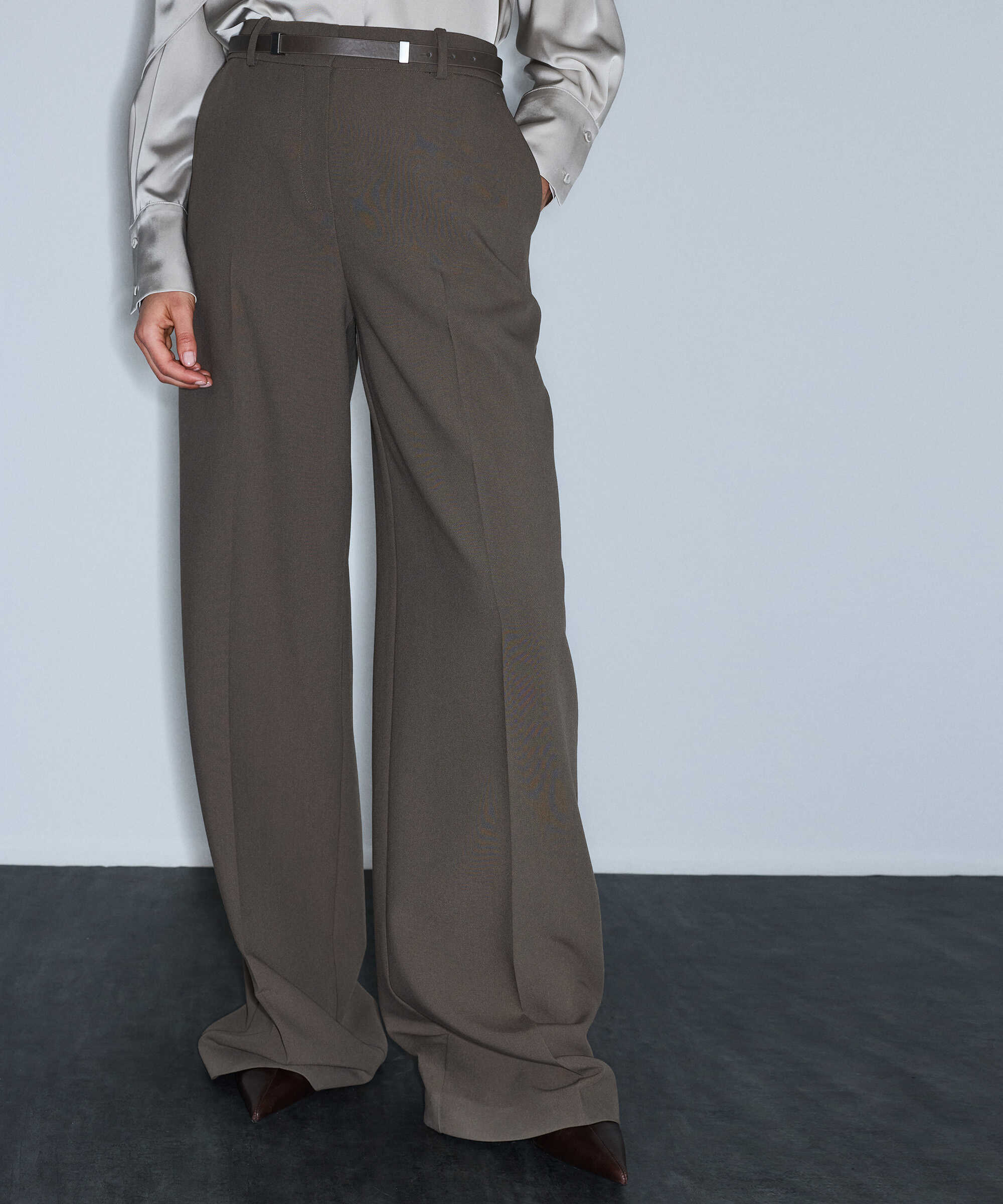 Kemerli wide leg pantolon - IW6260003101957 - Koyu Vizon Pantolon