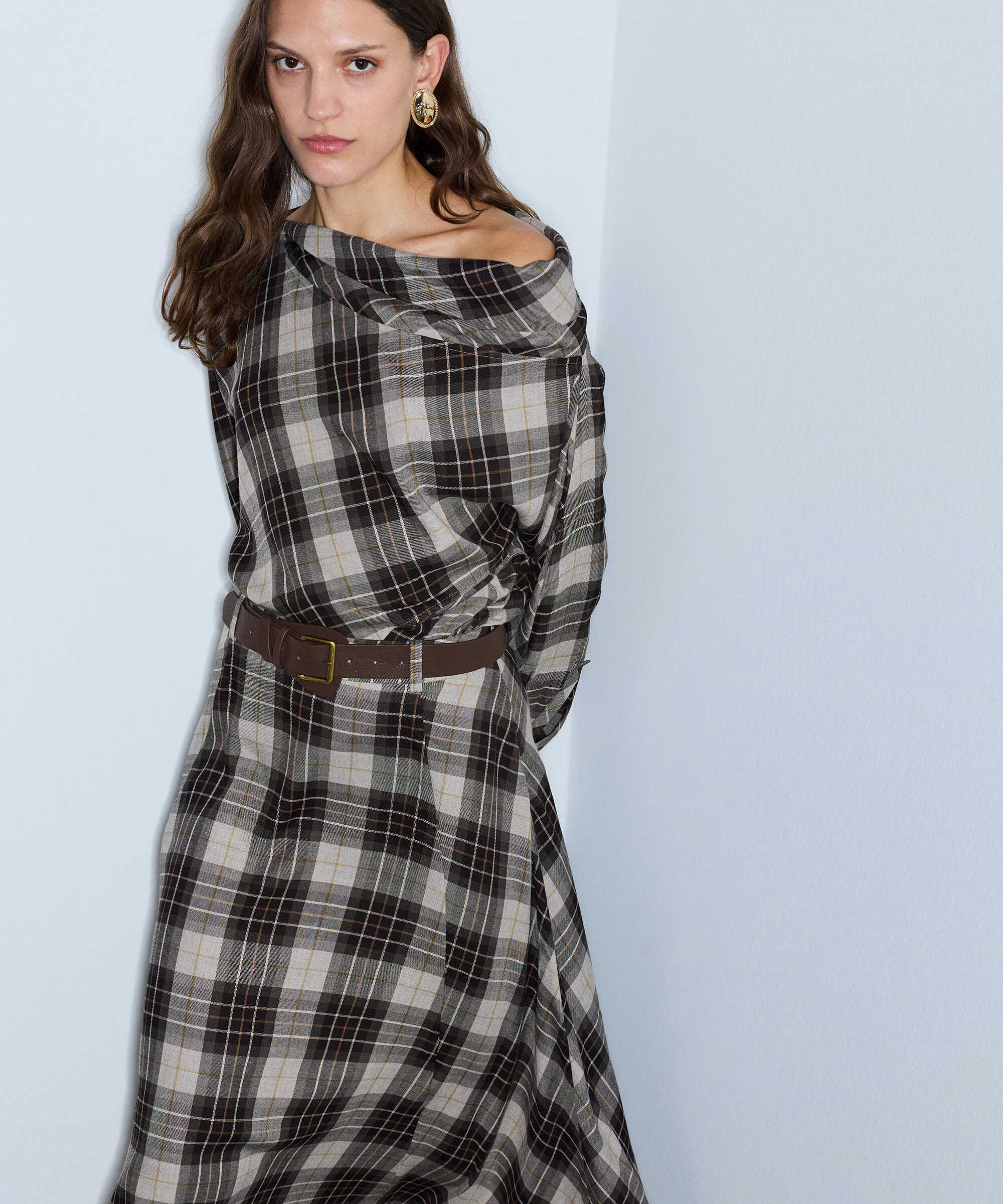 Ekose desen kayık yaka bluz - IW6260006116074 - Kahverengi undefined
