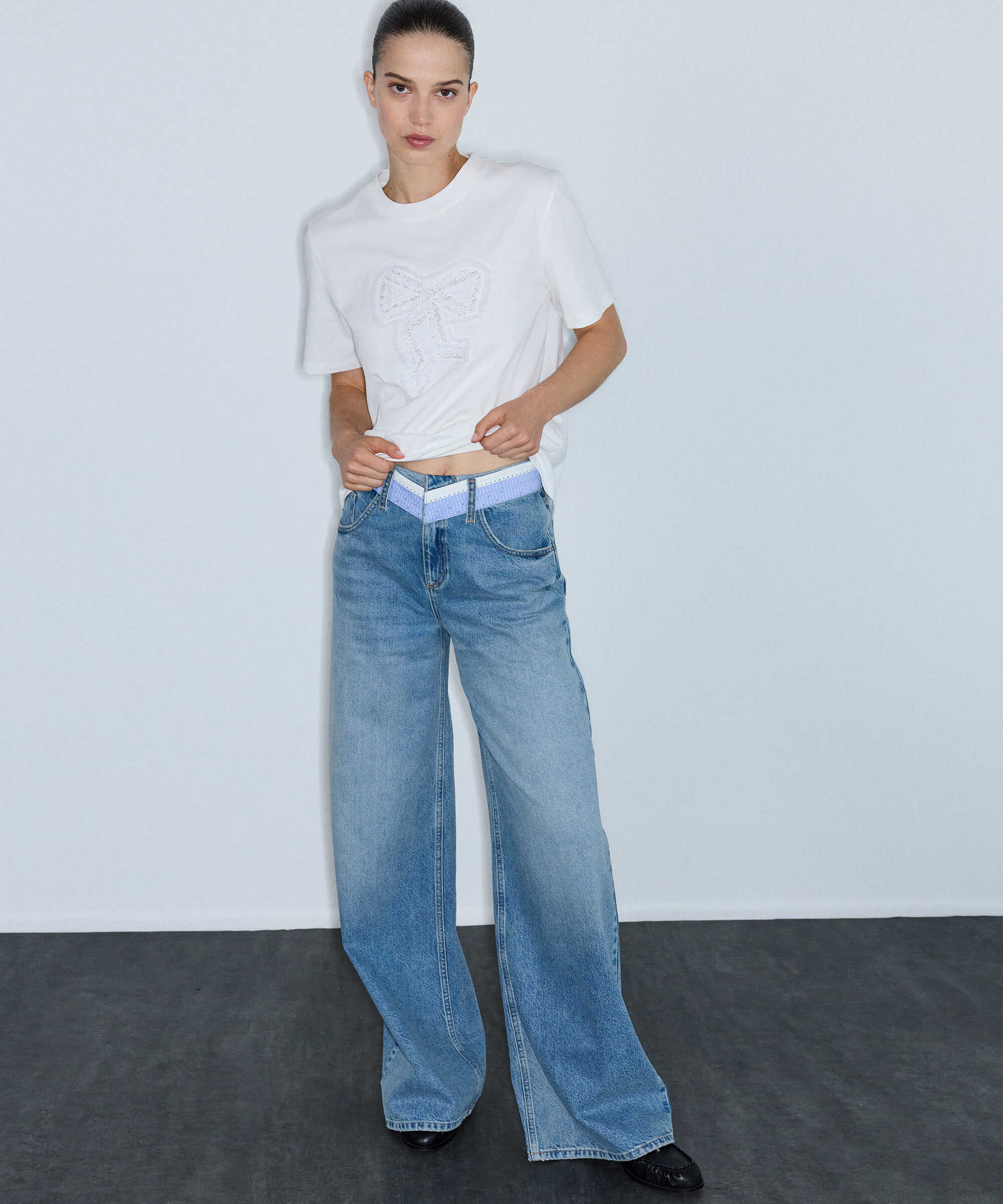 Kontrast bel wide leg jean pantolon - IW6260018037629 - İndigo Jean Pantolon