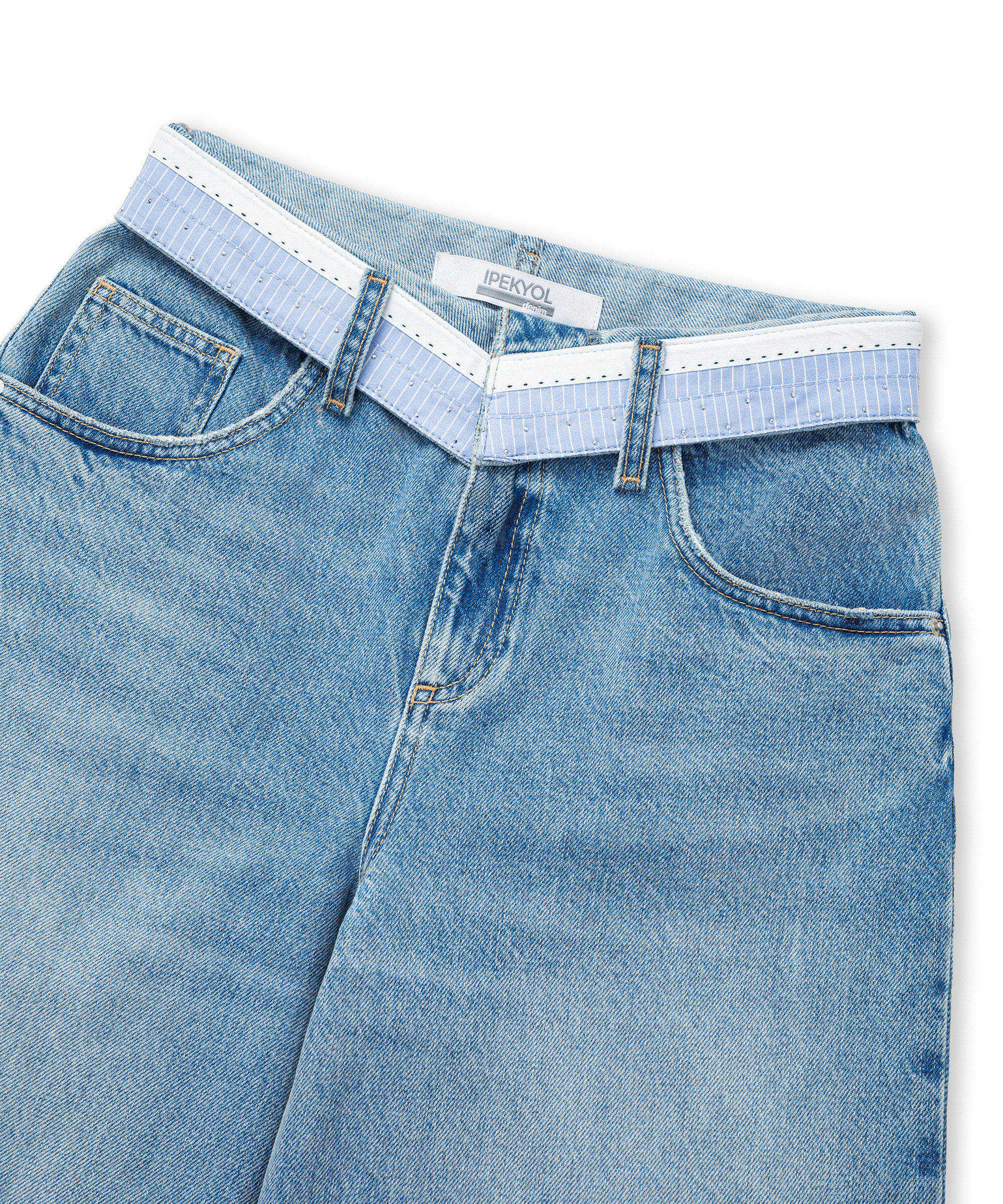 Kontrast bel wide leg jean pantolon - IW6260018037629 - İndigo Jean Pantolon