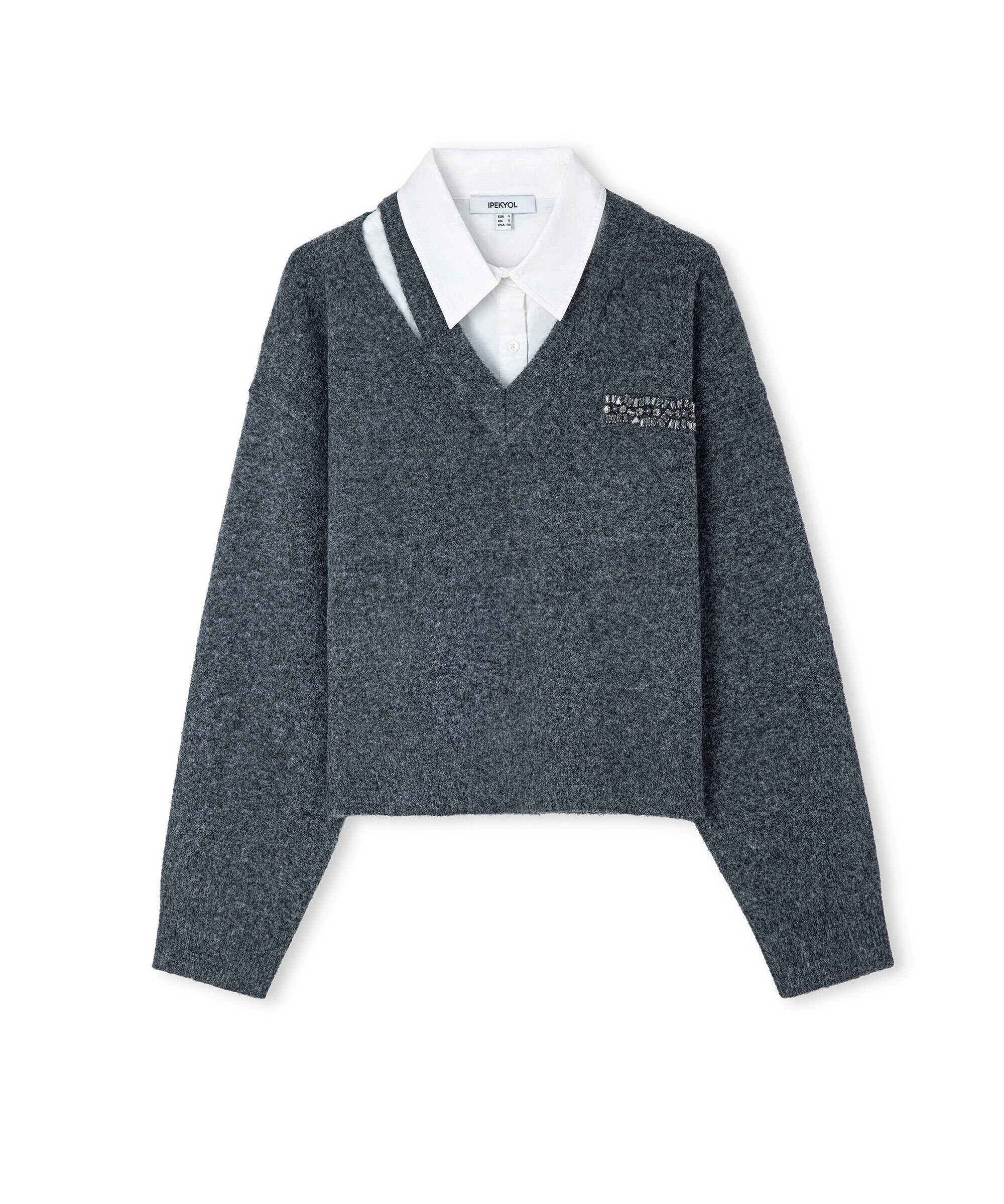 Poplin mix çift parça kazak - IW6260050148036 - Antrasit Triko