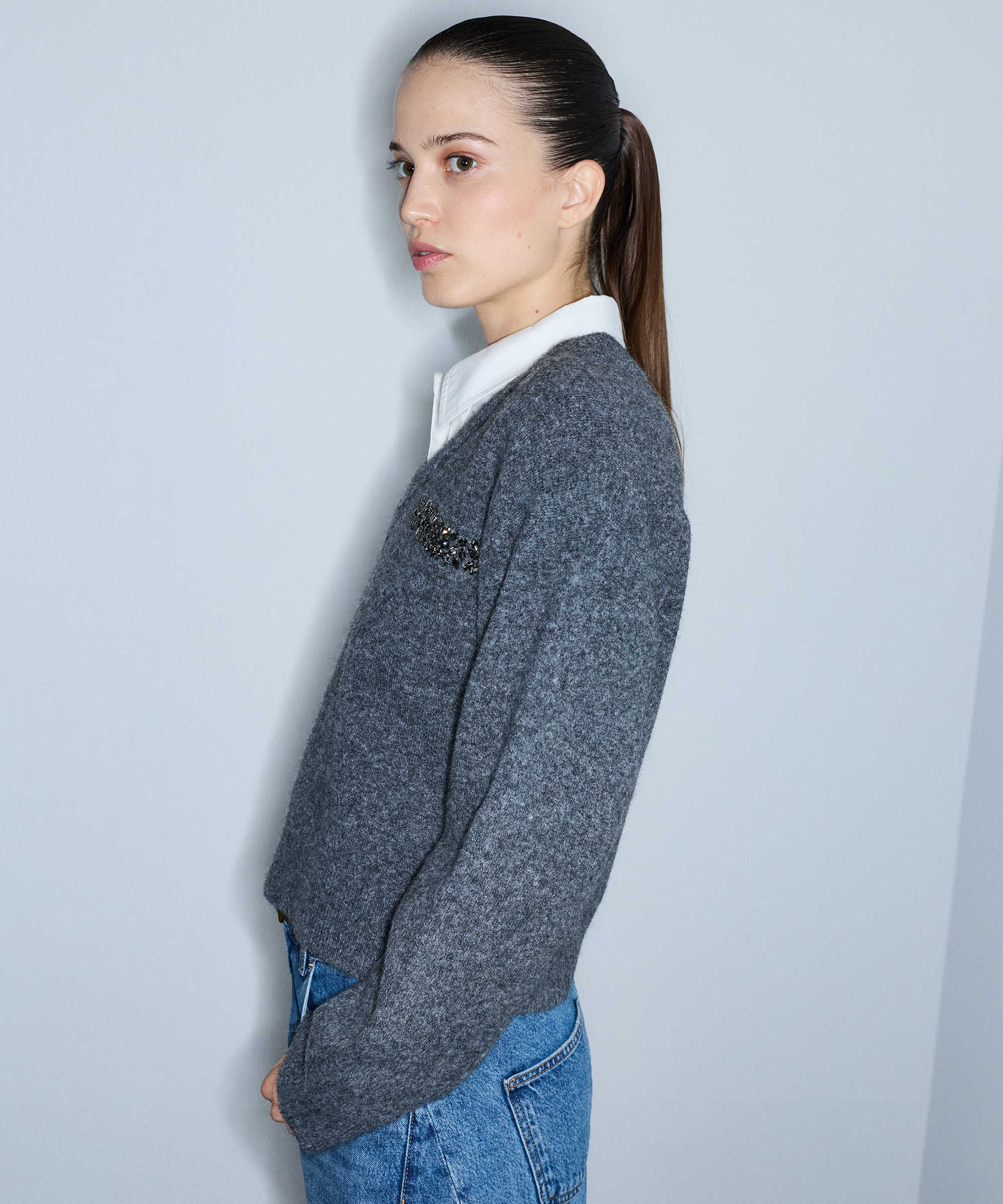 Poplin mix çift parça kazak - IW6260050148036 - Antrasit Triko