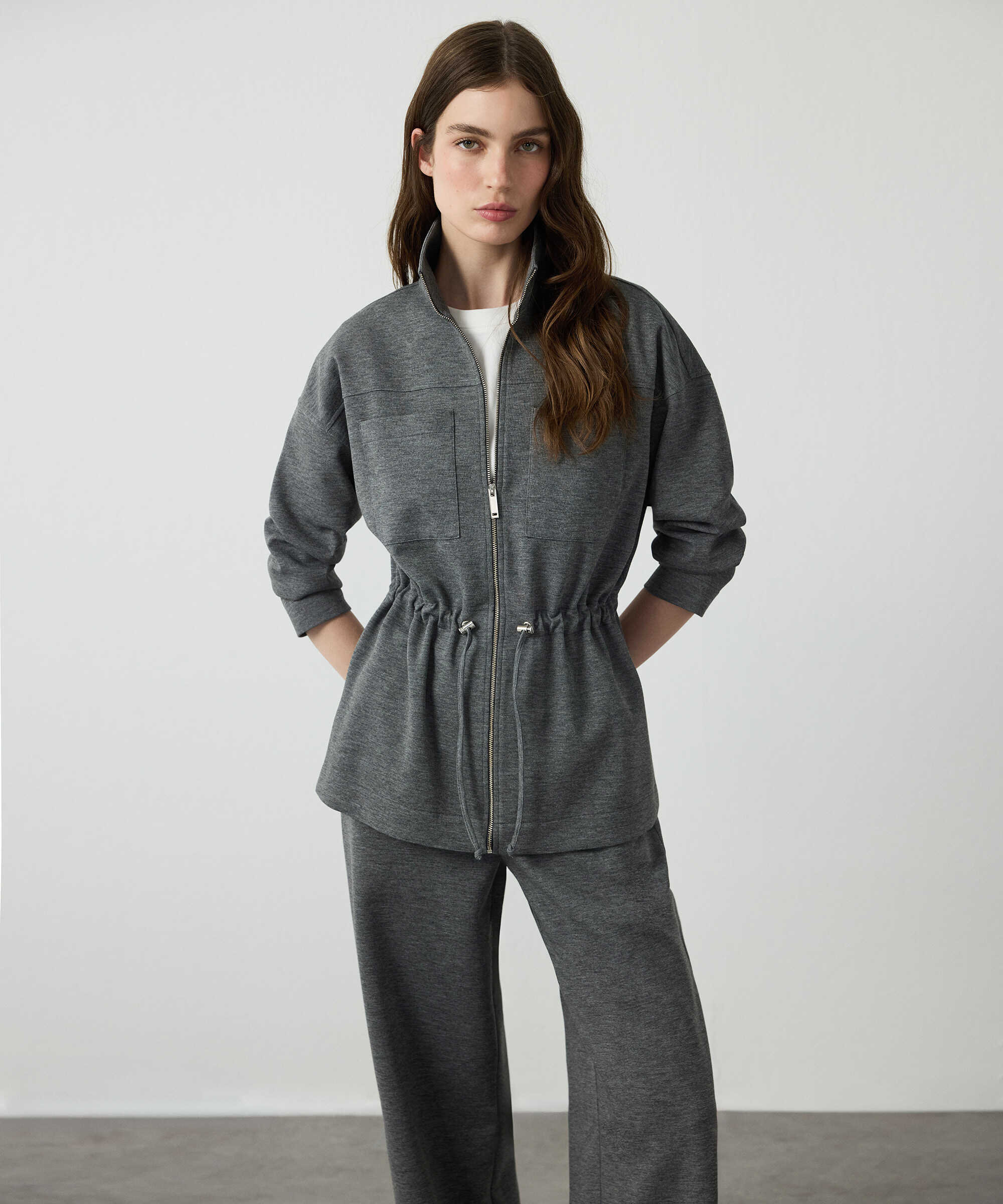 Ayarlanabilir bel dik yaka sweatshirt - IW6260091033005 - Gri Sweatshırt