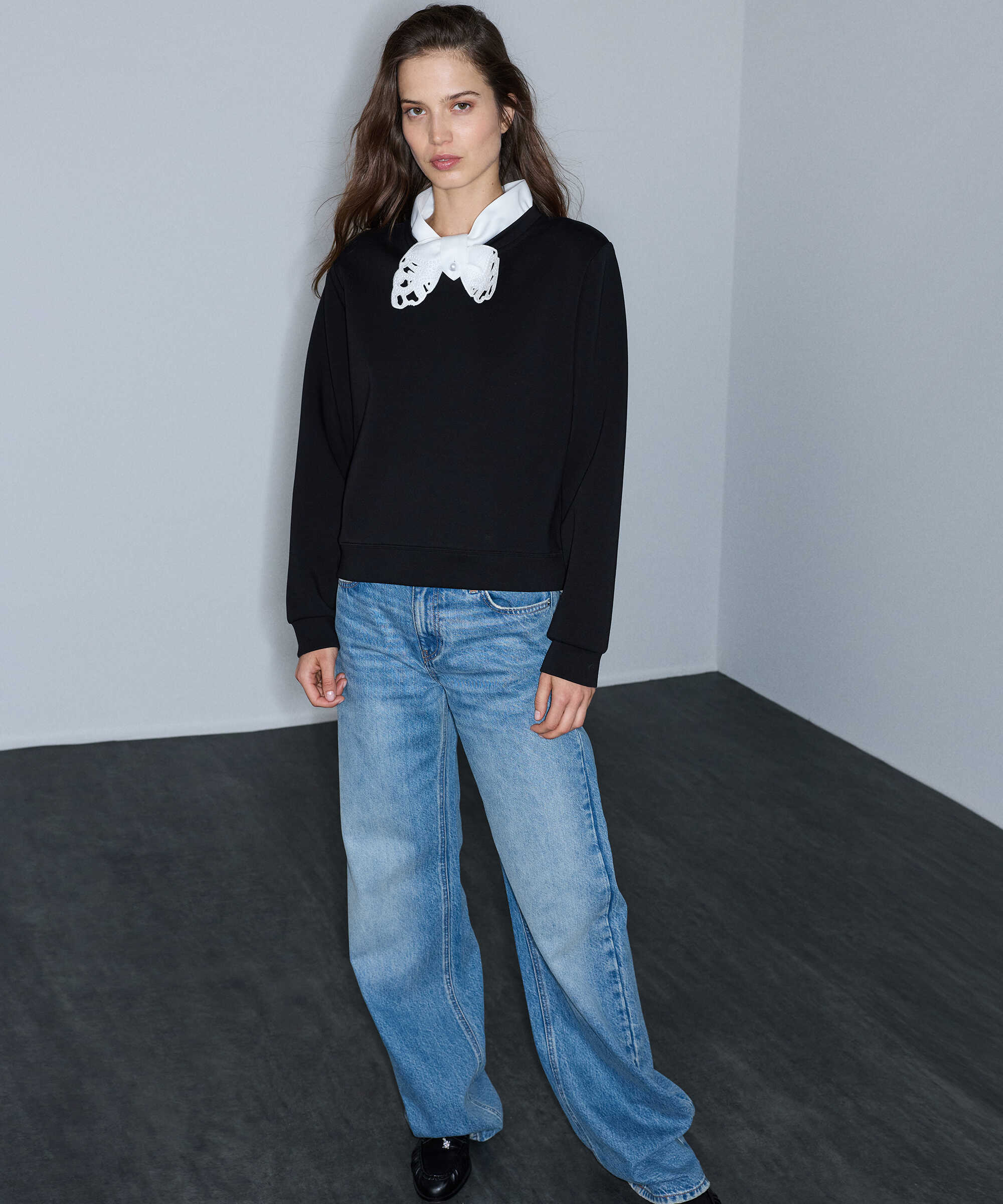 Yakası bağlamalı sweatshirt - IW6260091105001 - Siyah Sweatshırt
