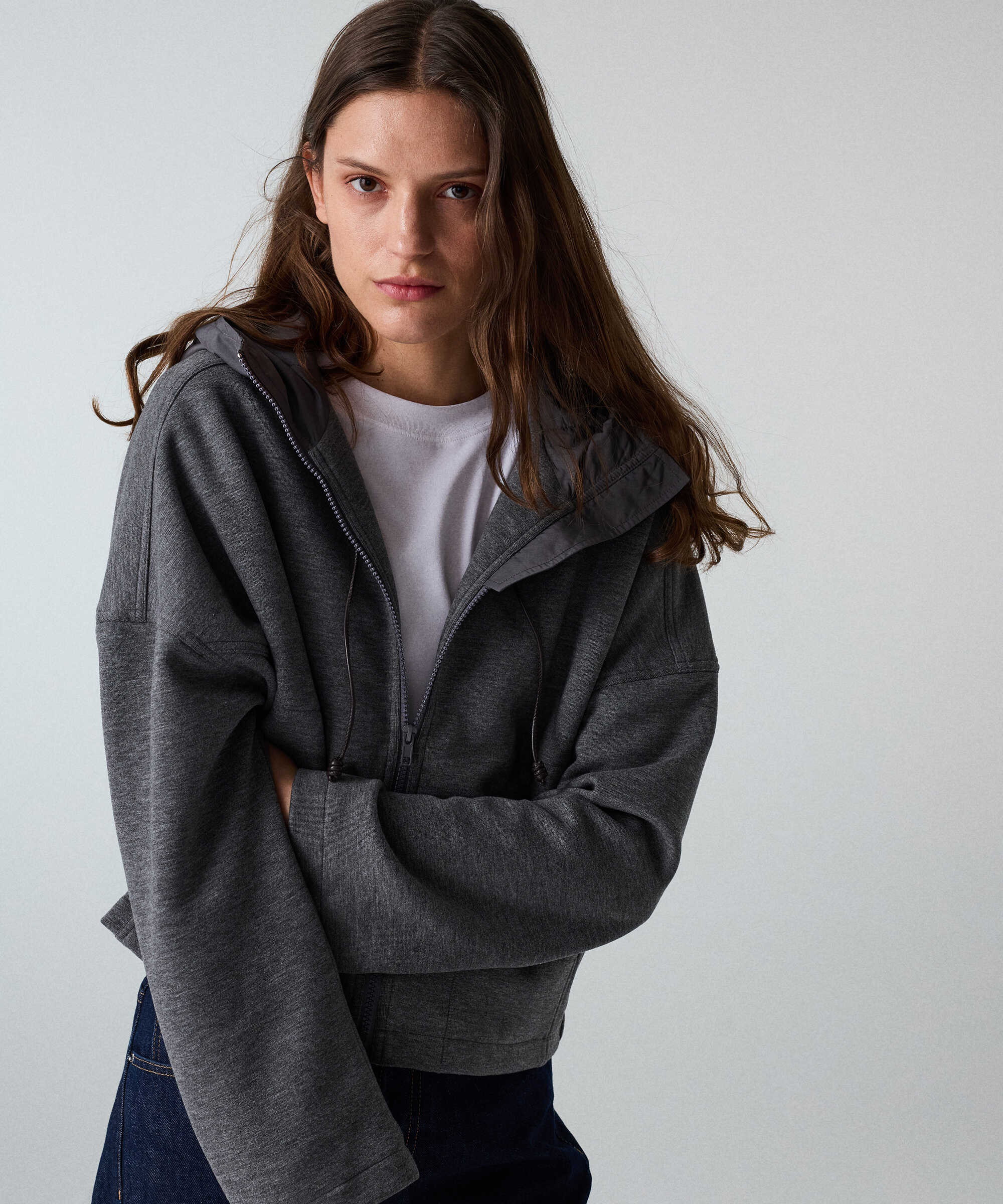 Kumaş mix kapüşonlu sweatshirt - IW6260091108036 - Antrasit Sweatshırt