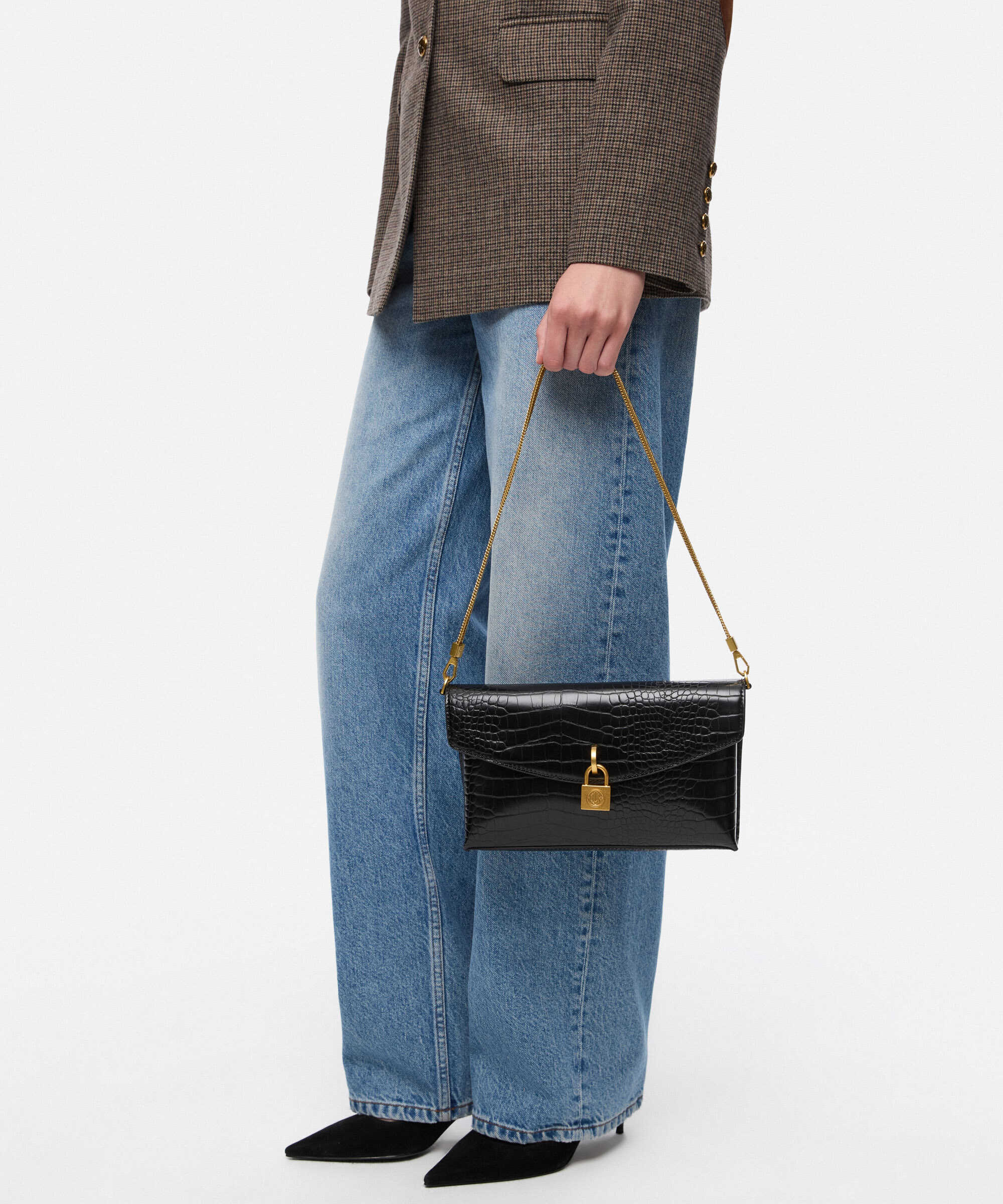 Kapaklı timsah derisi görünümlü clutch - IW6260121002001 - Siyah Clutch
