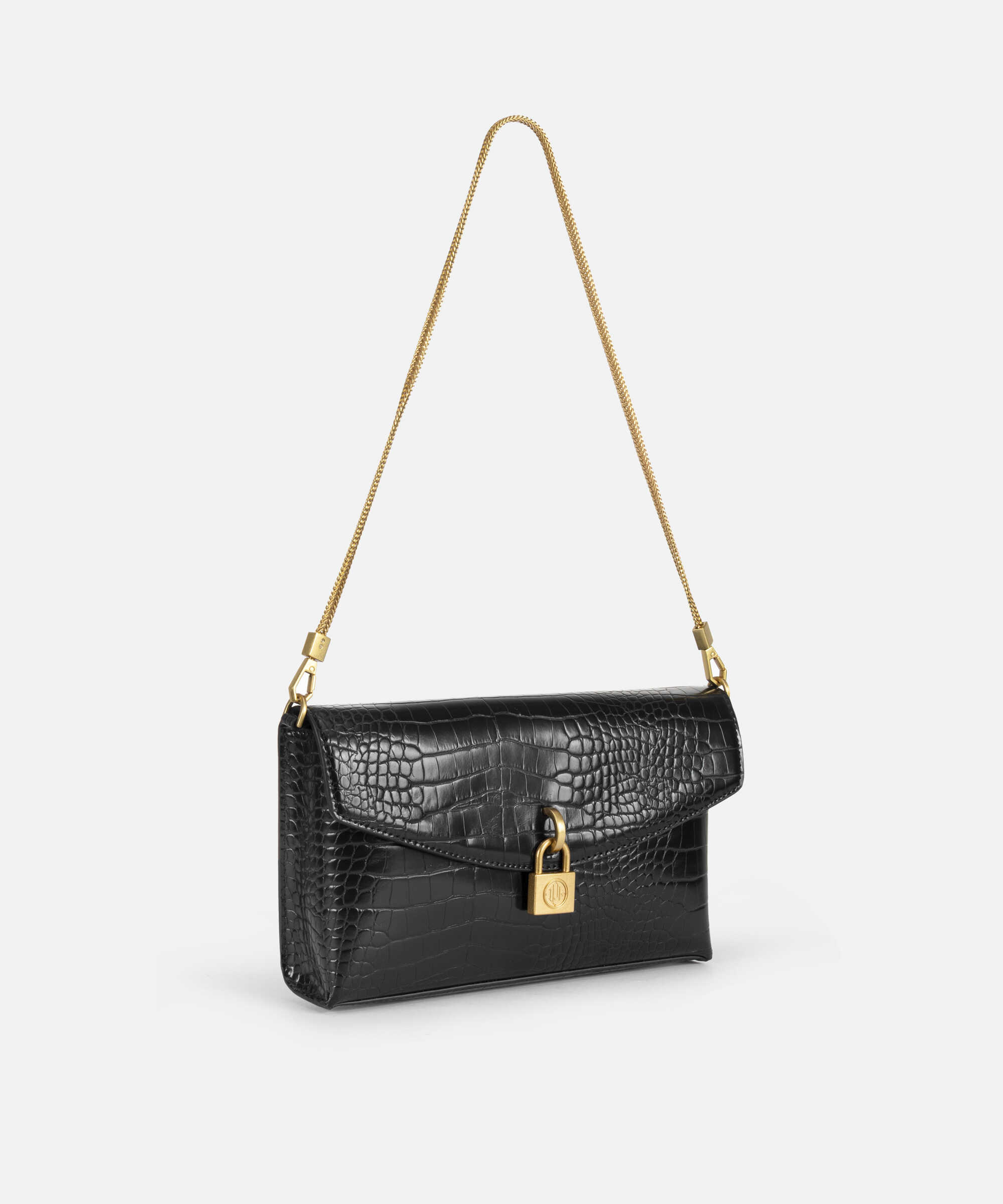 Kapaklı timsah derisi görünümlü clutch - IW6260121002001 - Siyah Clutch
