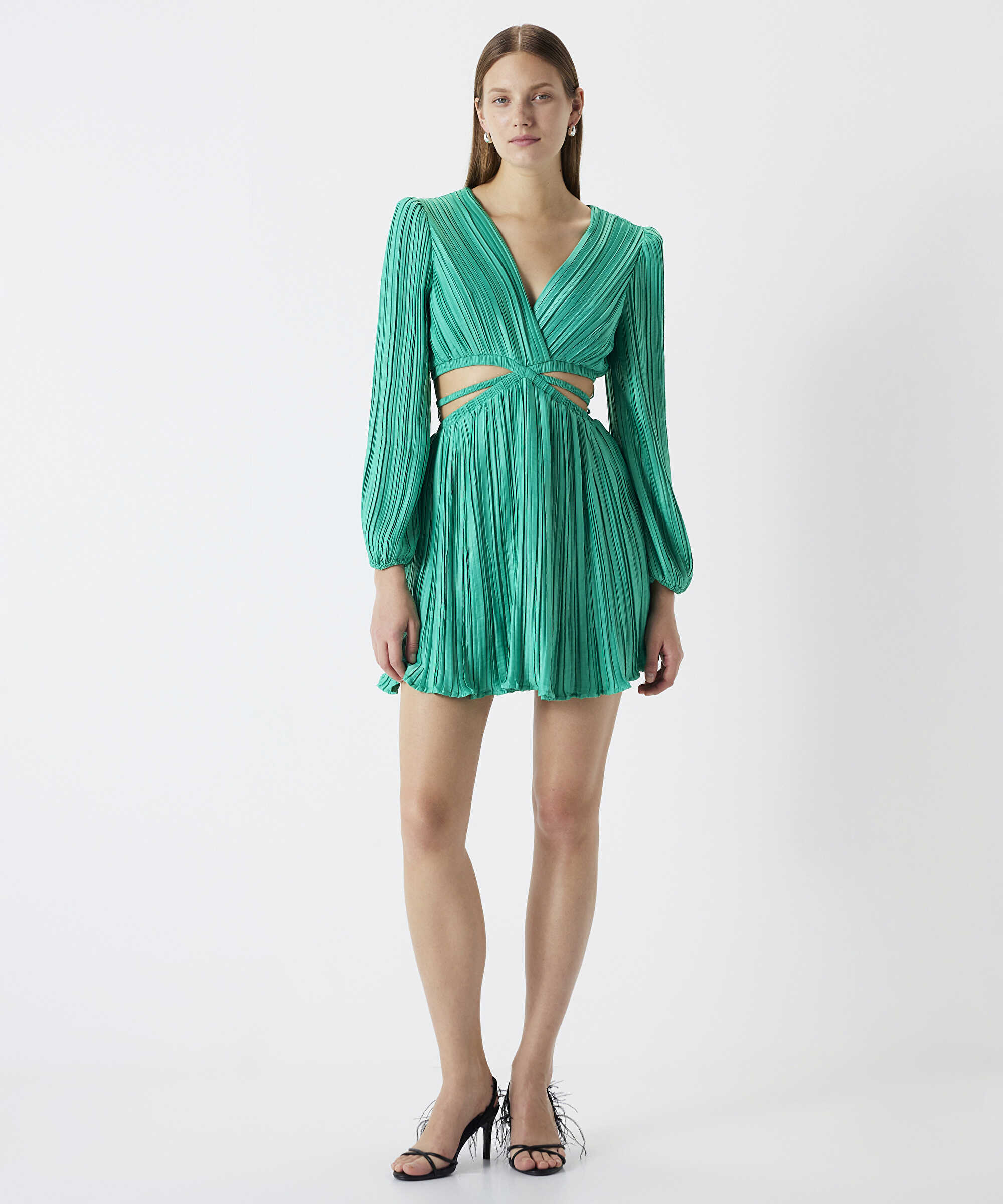 Drapeli cutout elbise - IS1240002257070 - Yeşil Elbise