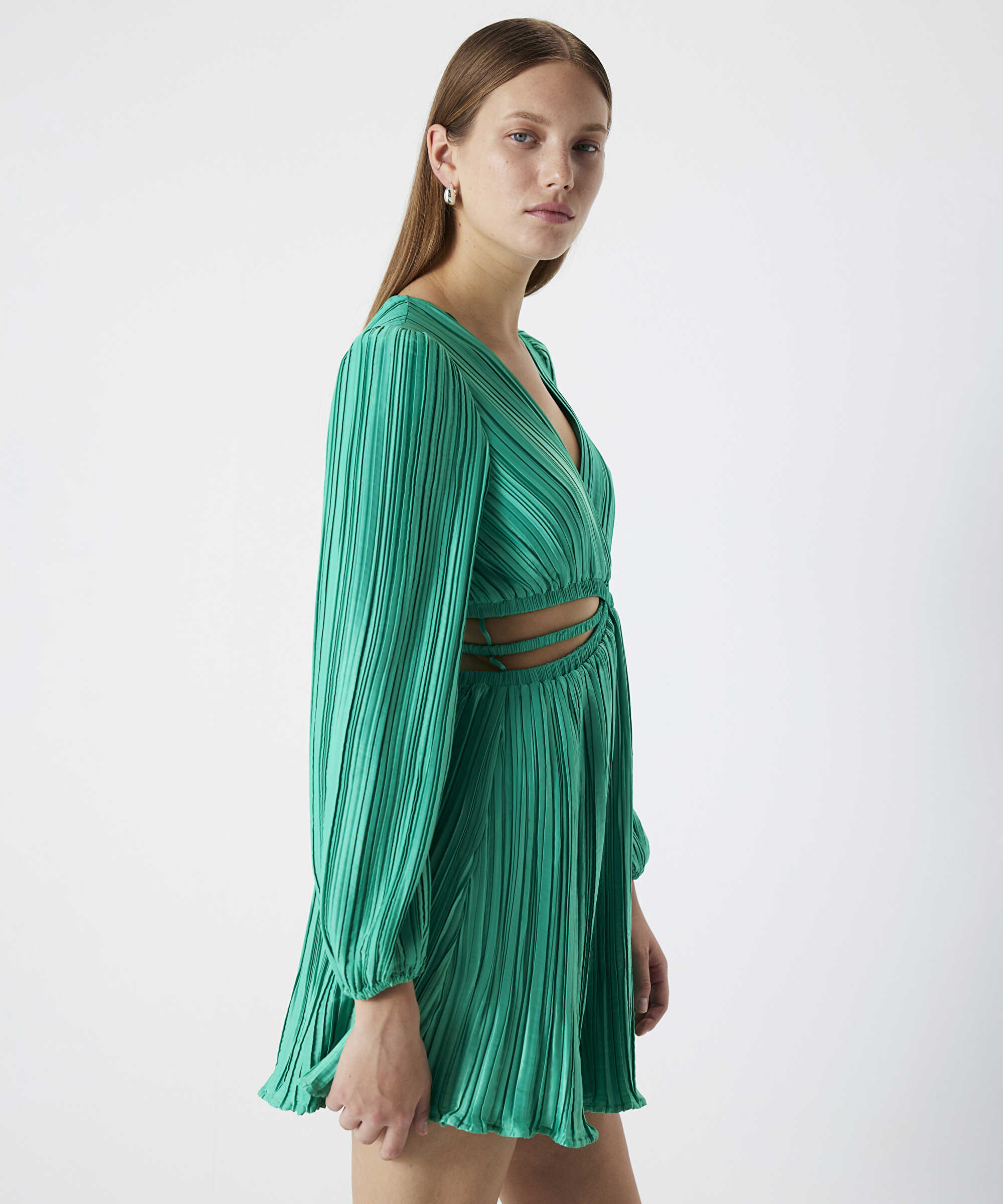 Drapeli cutout elbise - IS1240002257070 - Yeşil Elbise