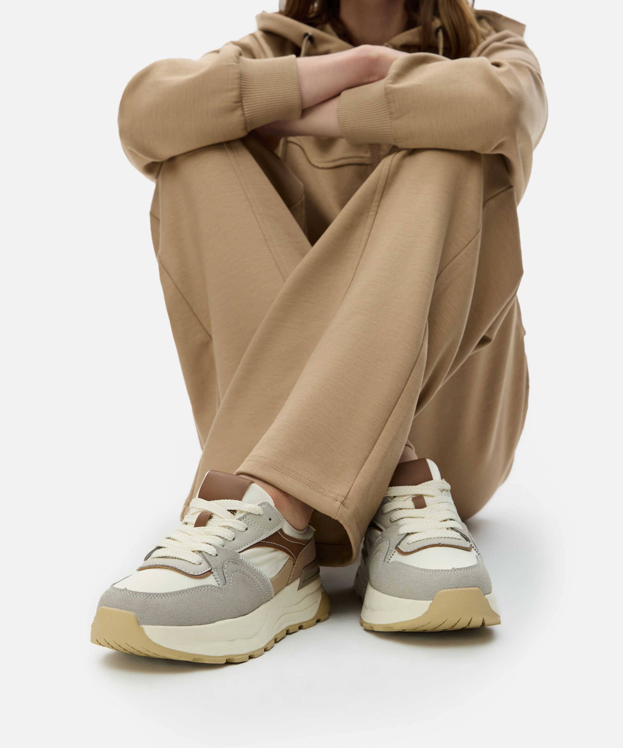 Kontrast dokulu colorblock sneaker - IS1250062006023 - Bej Sneaker