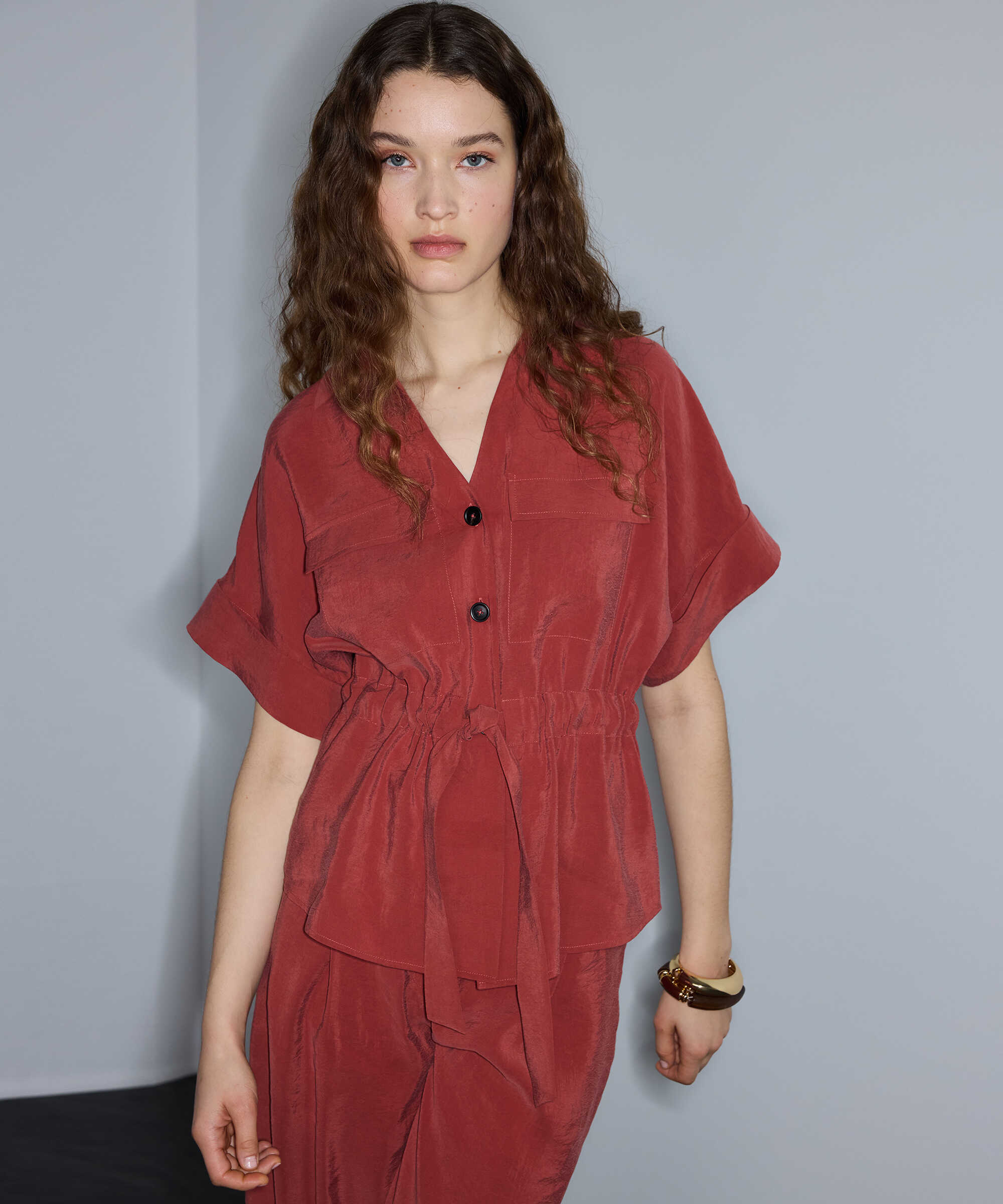 Kontrast düğmeli ayarlanabilir bel gömlek - IS1260025249054 - Kiremit Gömlek