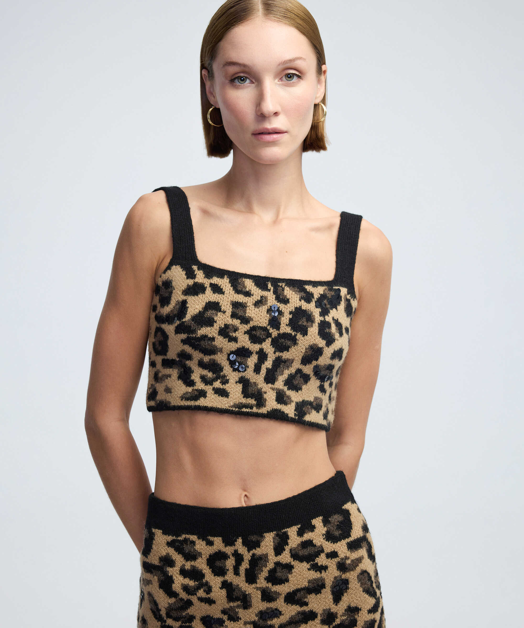 Leopar jakarlı ve işlemeli triko - IW6240050303027 - Kamel Triko Atlet