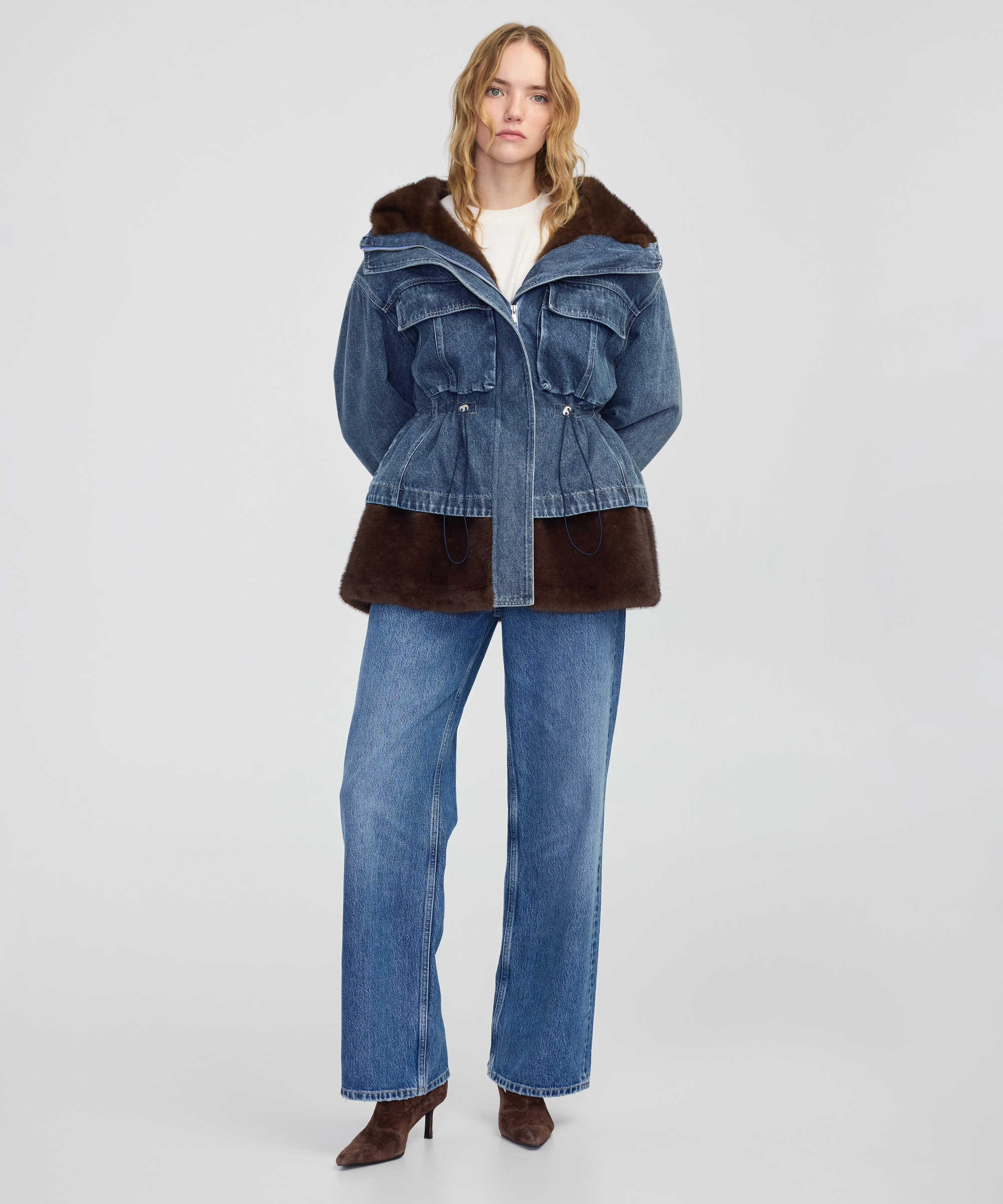 Mavi Suni kürk mix denim mont IW6250012207089 | İpekyol