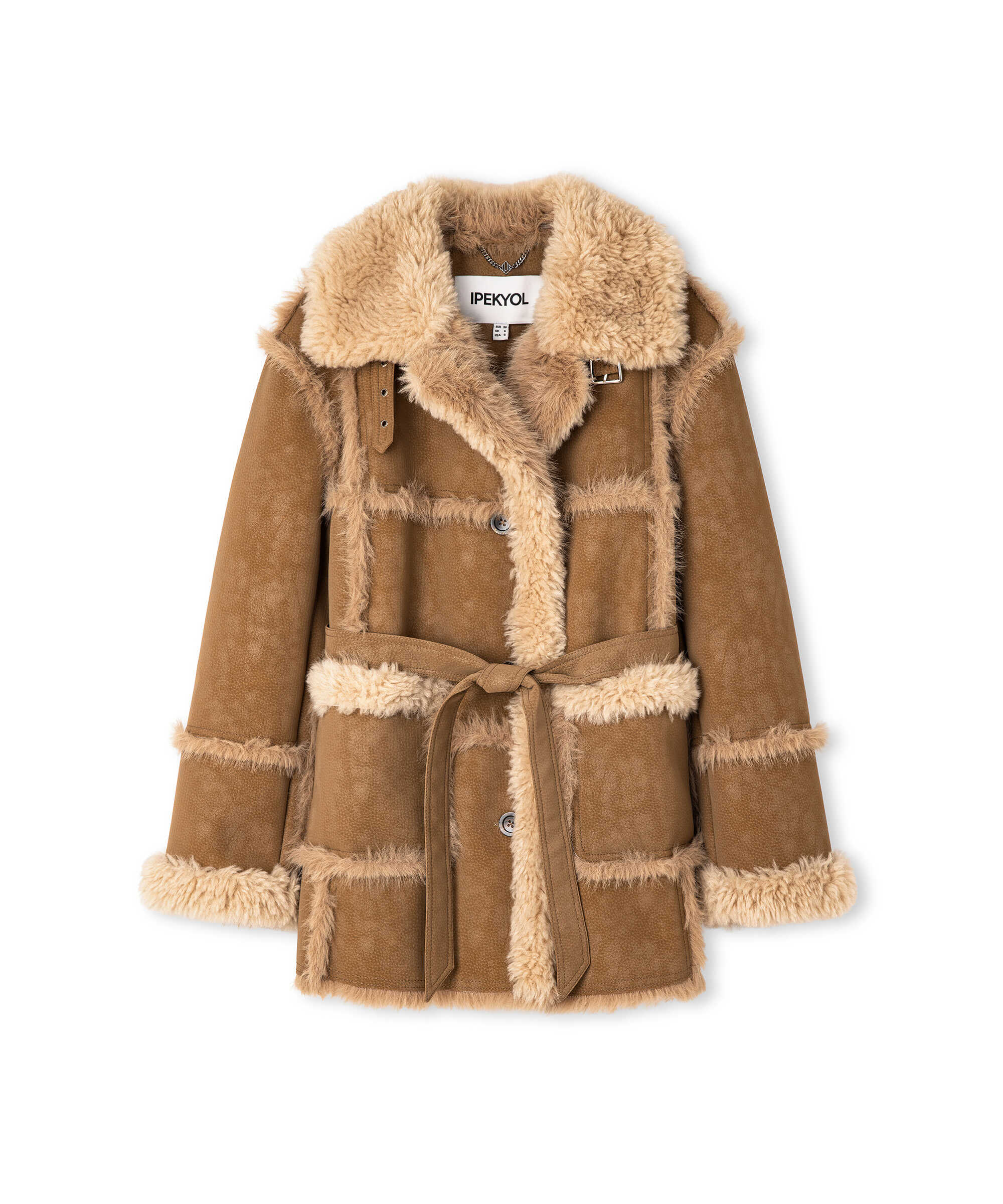 Suni kürklü kuşaklı mont - IW6250012318021 - Taba Mont