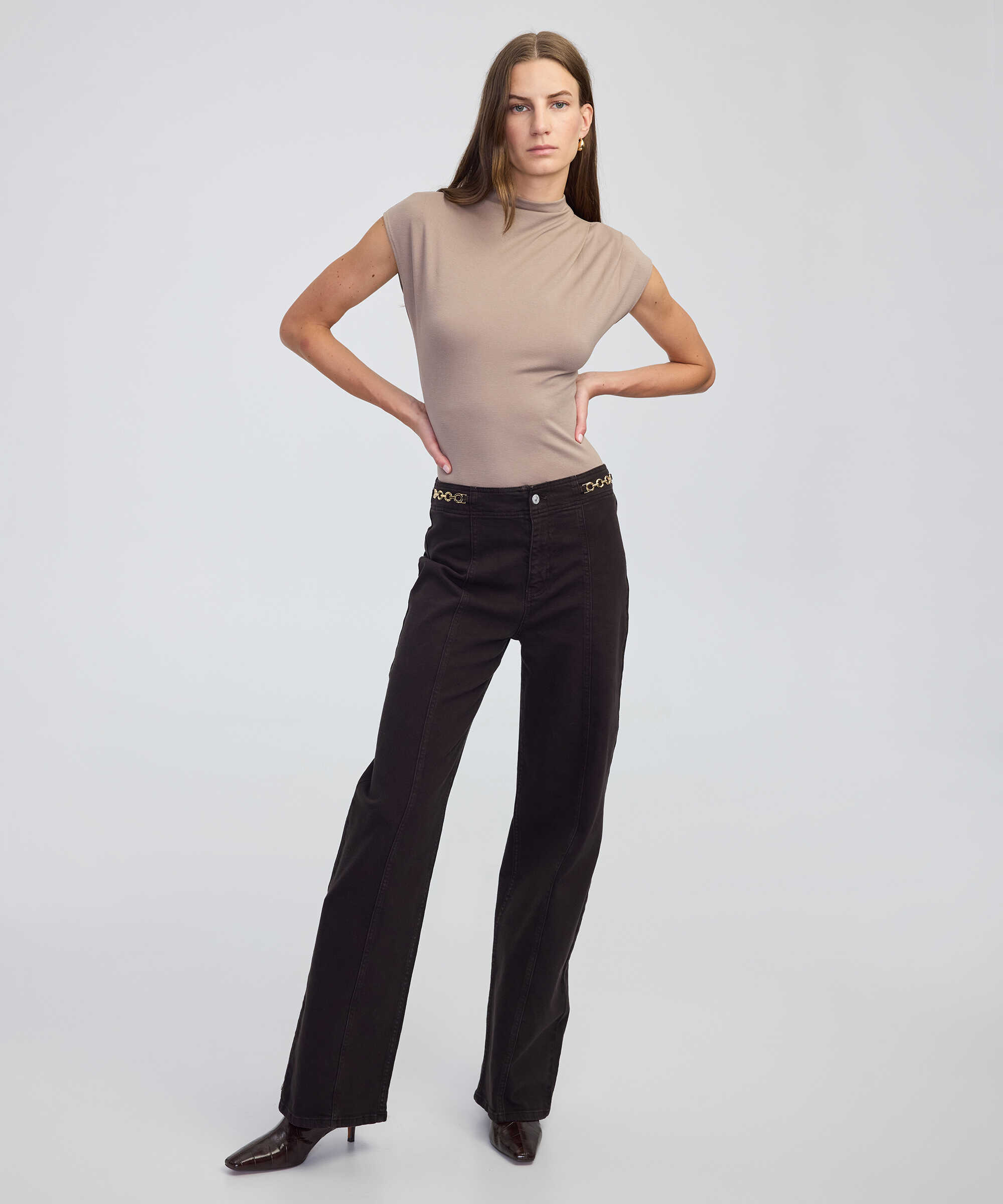 Zincir aksesuarlı wide leg jean pantolon - IW6250018047074 - Kahverengi Jean Pantolon