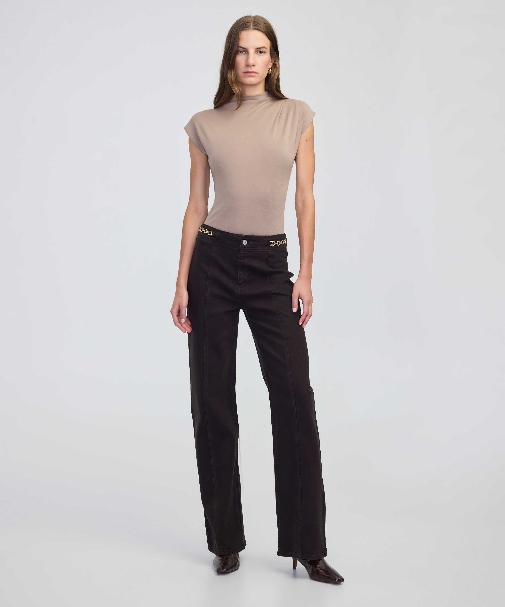 Zincir aksesuarlı wide leg jean pantolon - IW6250018047074 - Kahverengi Jean Pantolon