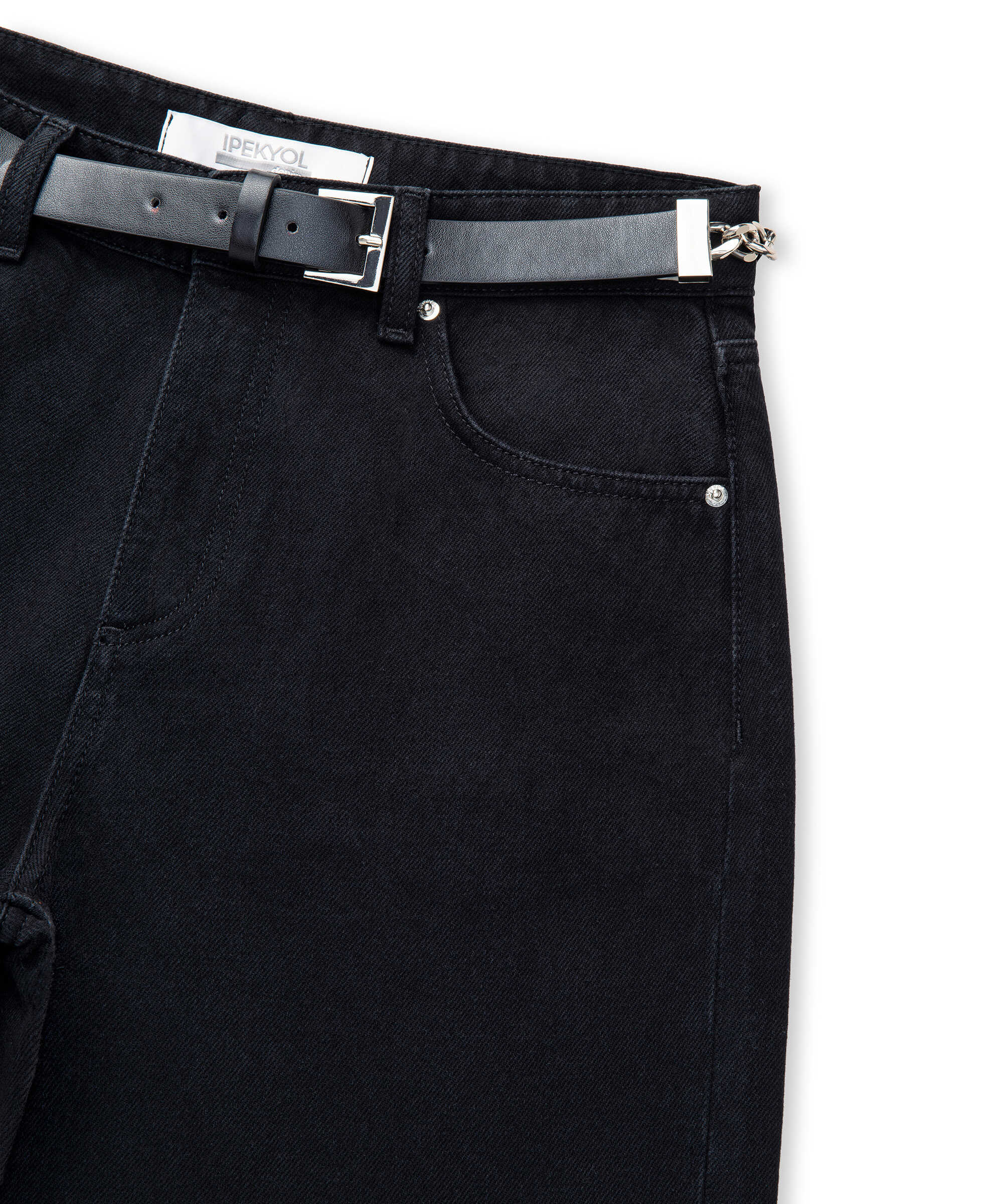 Zincirli kemerli wide leg jean pantolon - IW6250018048001 - Siyah Jean Pantolon