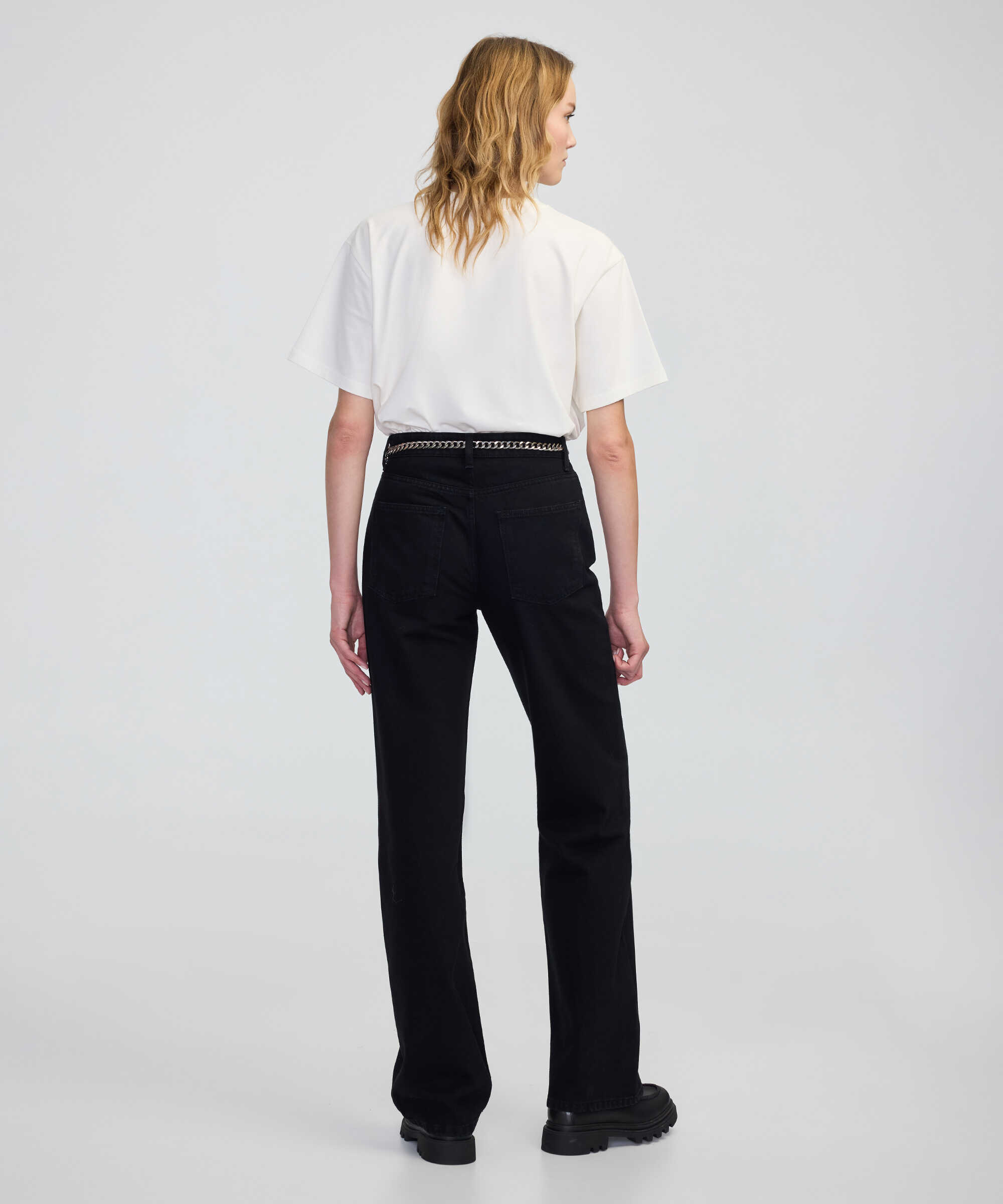 Zincirli kemerli wide leg jean pantolon - IW6250018048001 - Siyah Jean Pantolon