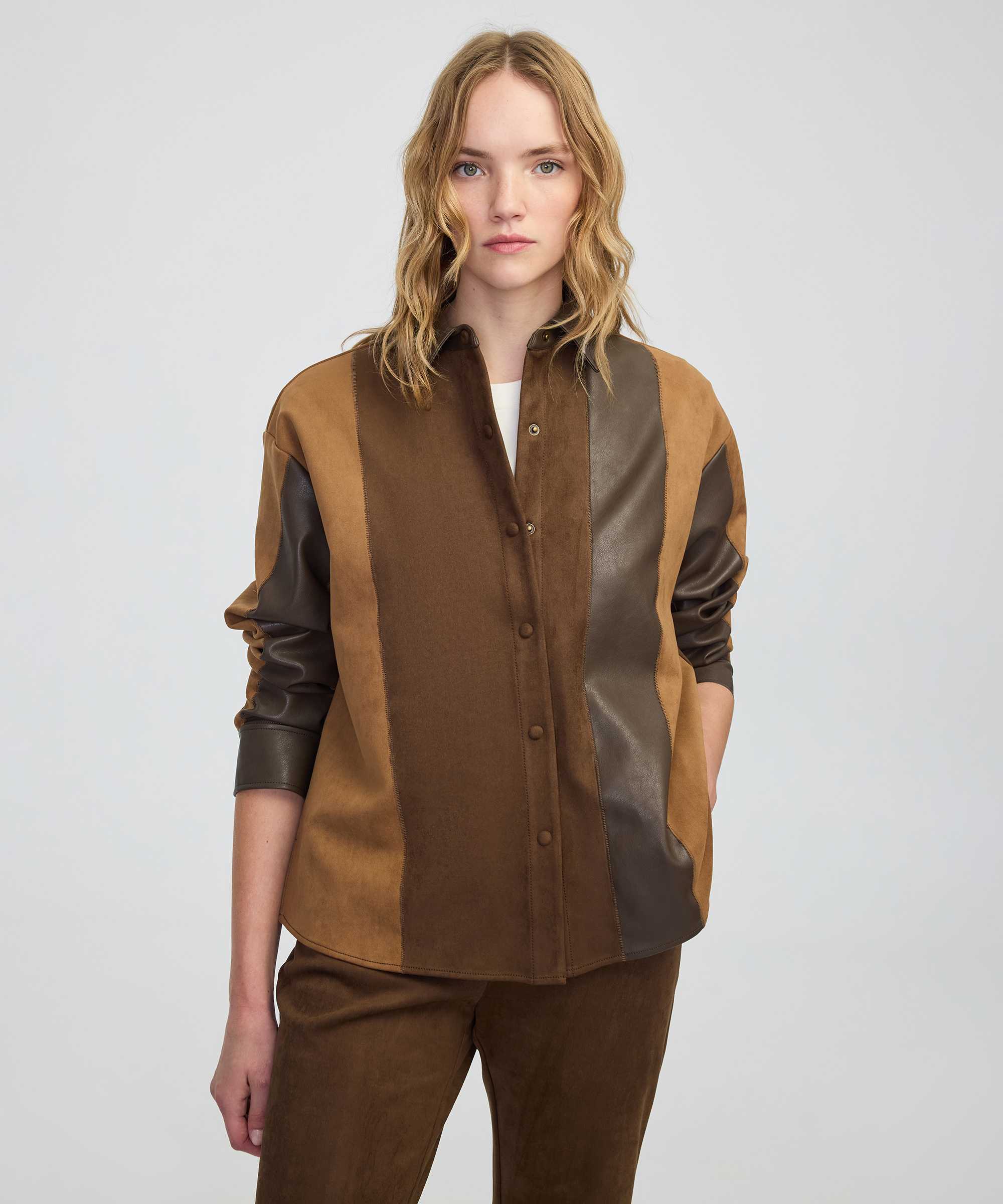 Kumaş mix colorblock gömlek - IW6250025147074 - Kahverengi GOMLEK