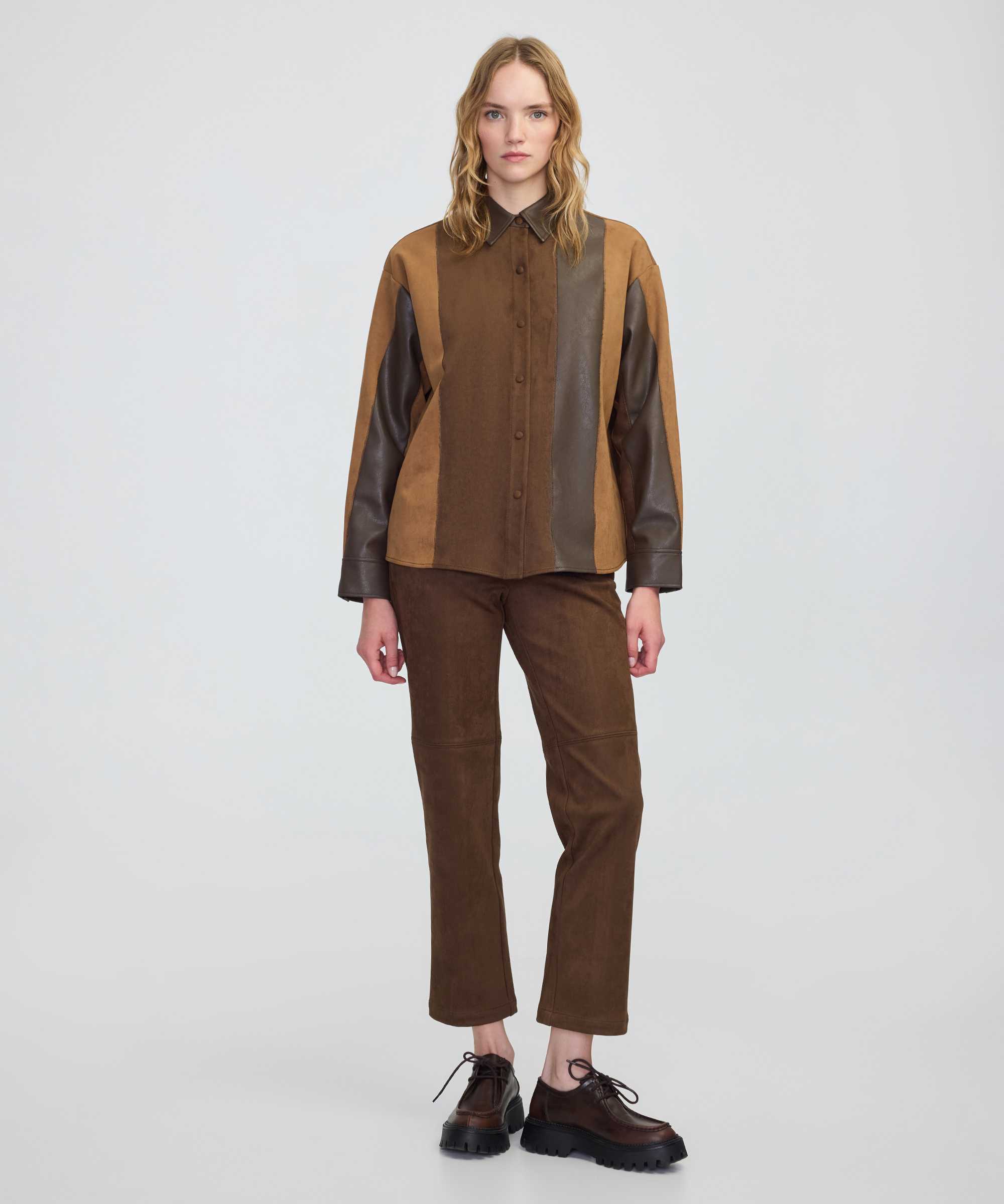 Kumaş mix colorblock gömlek - IW6250025147074 - Kahverengi GOMLEK