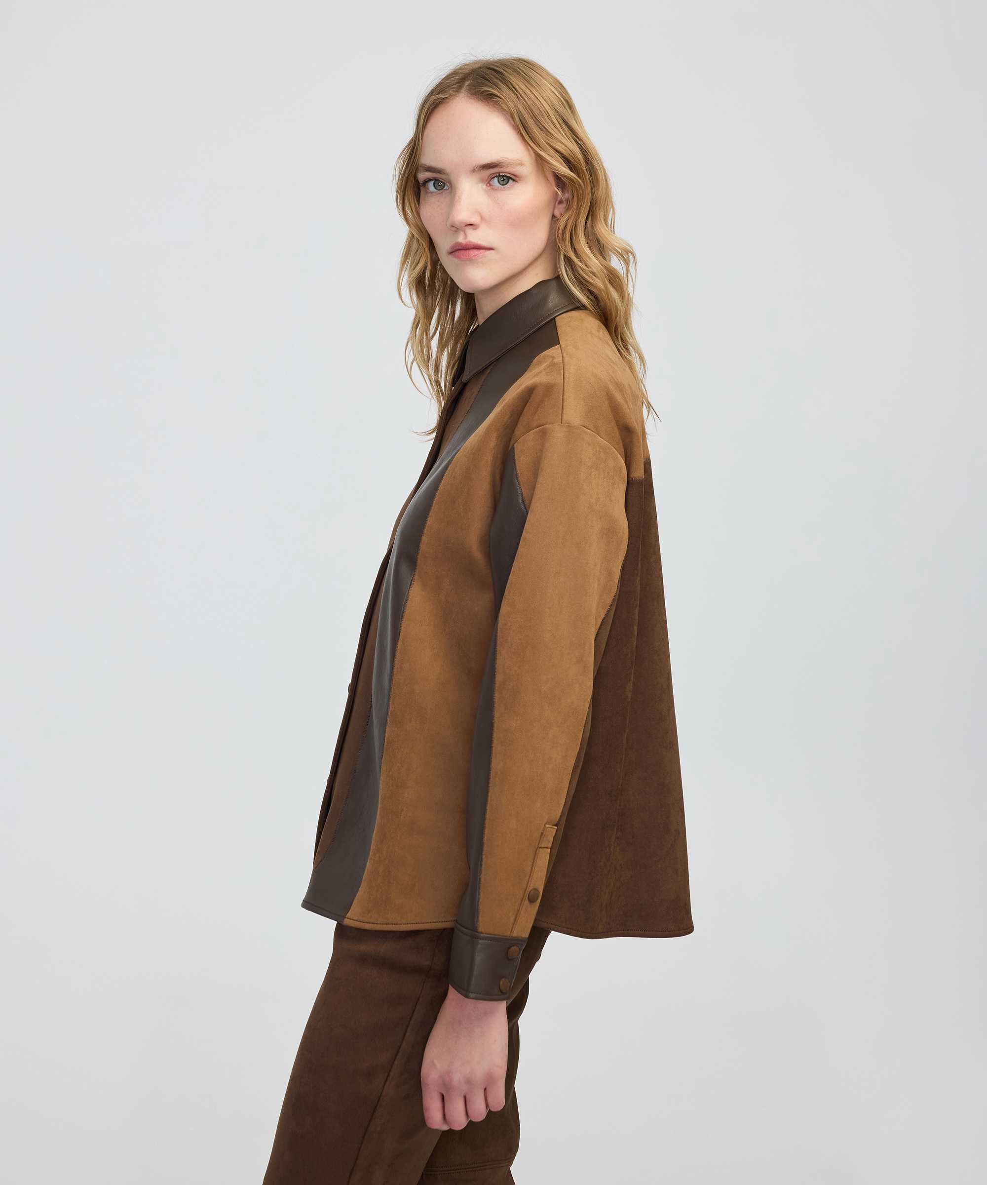 Kumaş mix colorblock gömlek - IW6250025147074 - Kahverengi GOMLEK