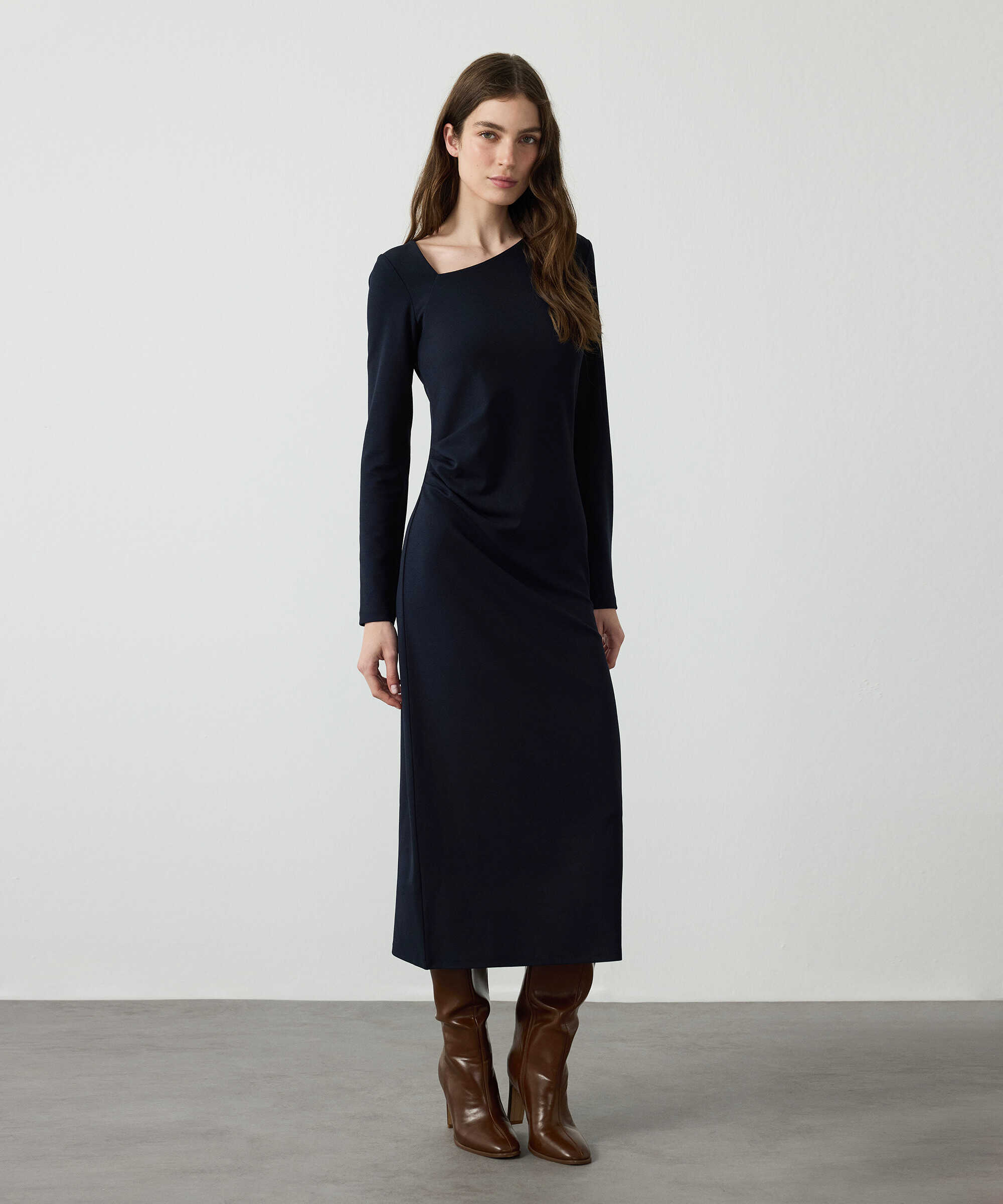 Asimetrik yaka penye elbise - IW6260002106015 - Lacivert Elbise