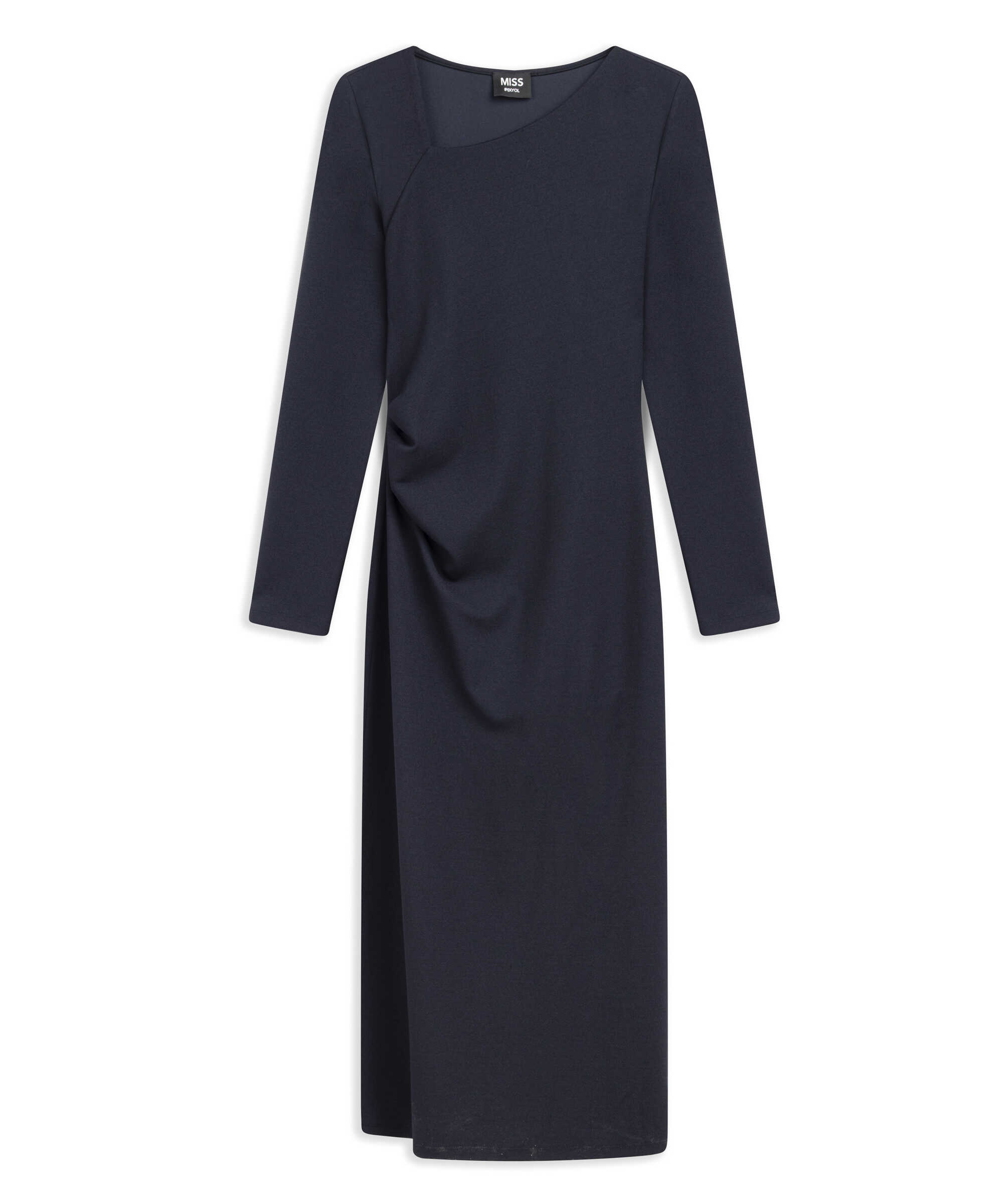 Asimetrik yaka penye elbise - IW6260002106015 - Lacivert Elbise