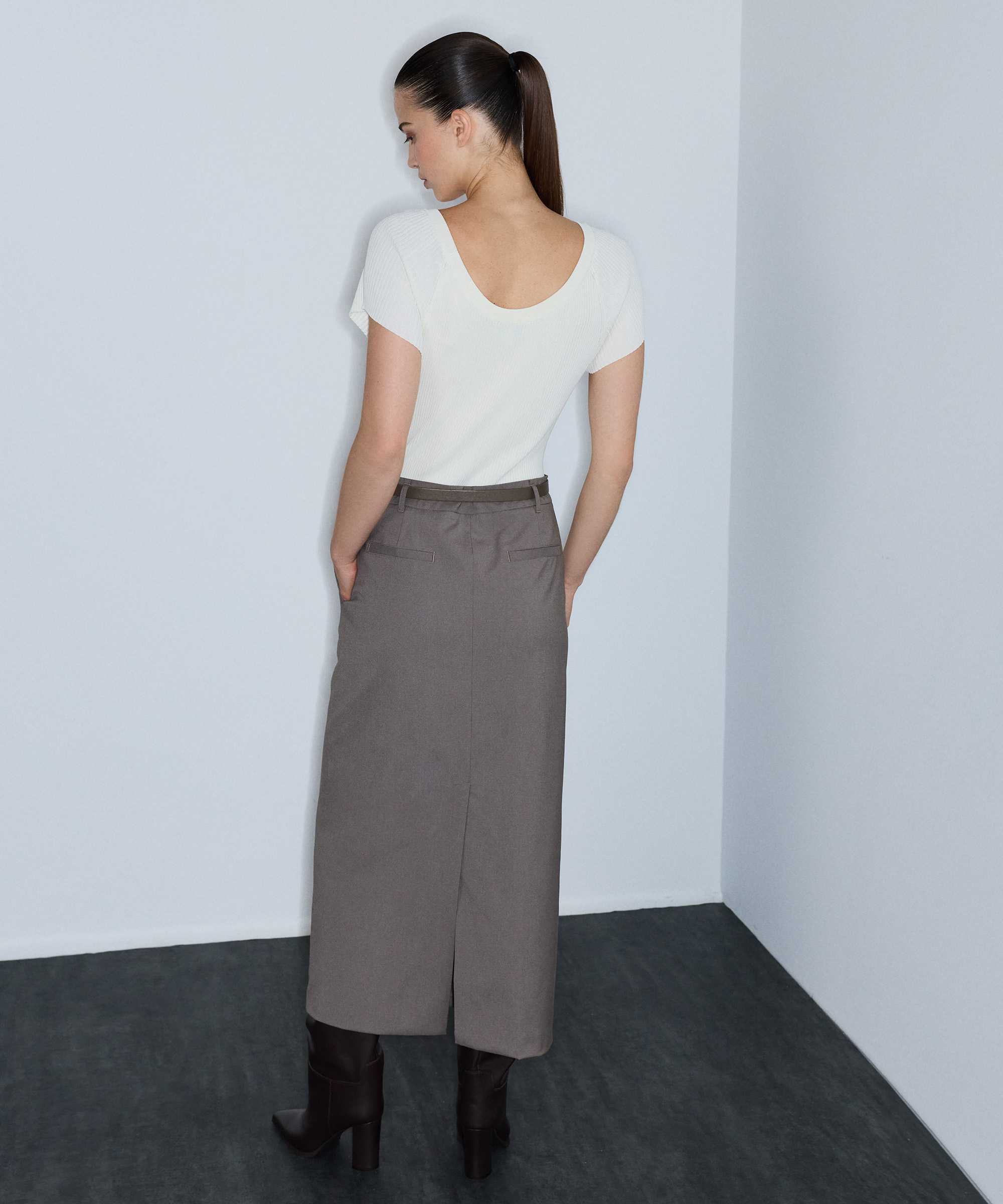 Kemerli triko mix elbise - IW6260002113957 - Koyu Vizon Elbise