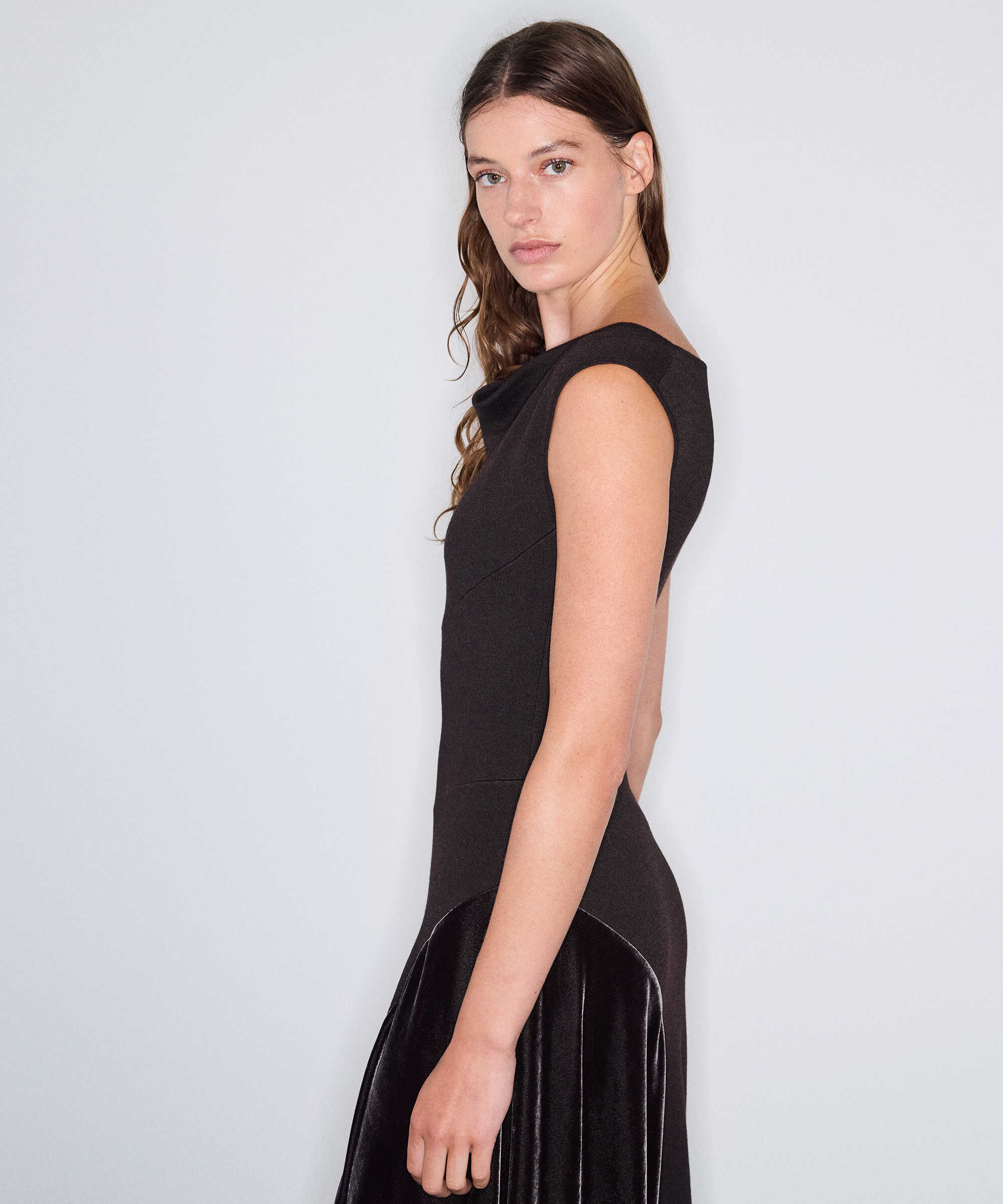 Kadife mix triko elbise - IW6260002223074 - Kahverengi Elbise