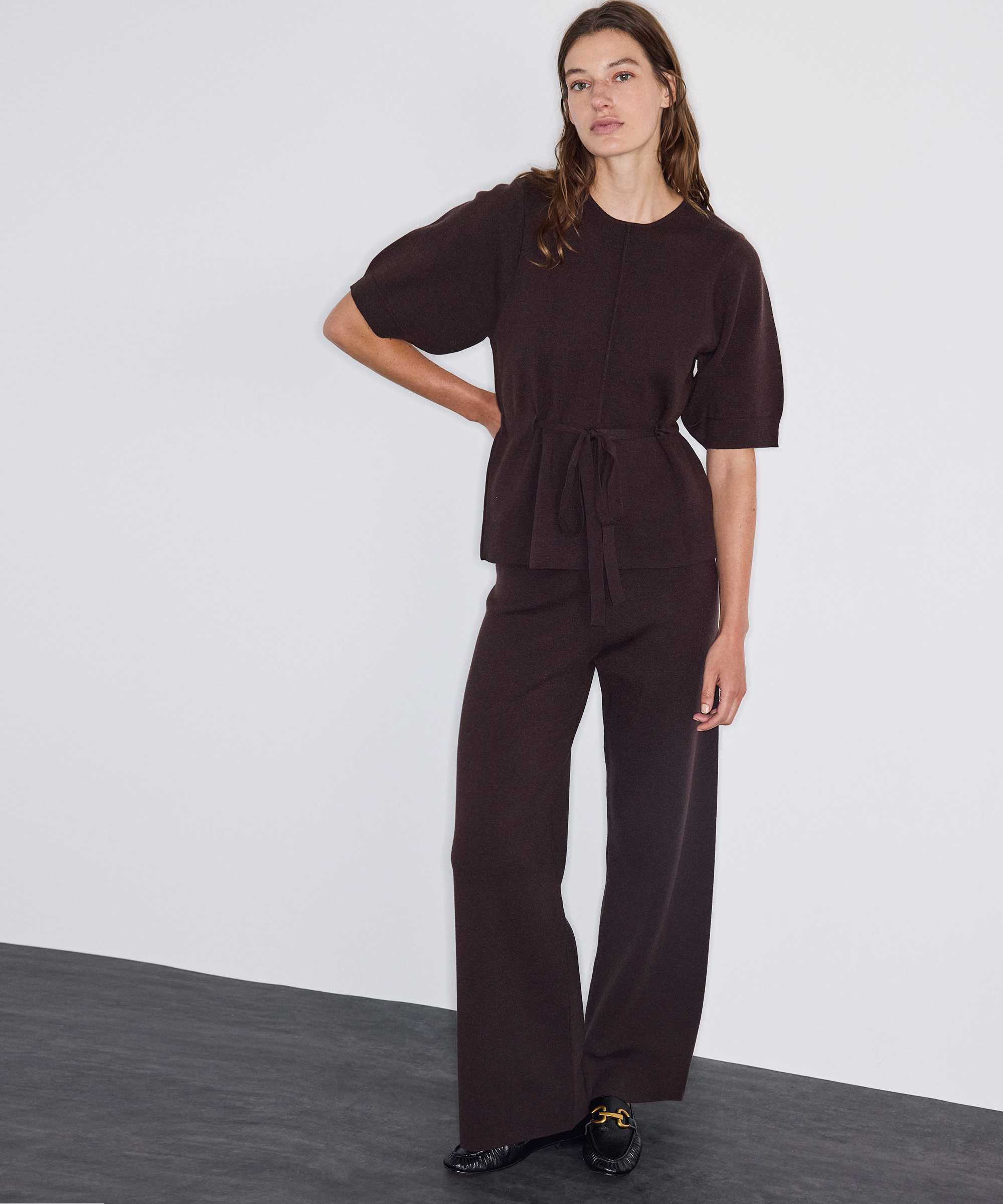 Wide leg triko pantolon - IW6260003279074 - Kahverengi Pantolon