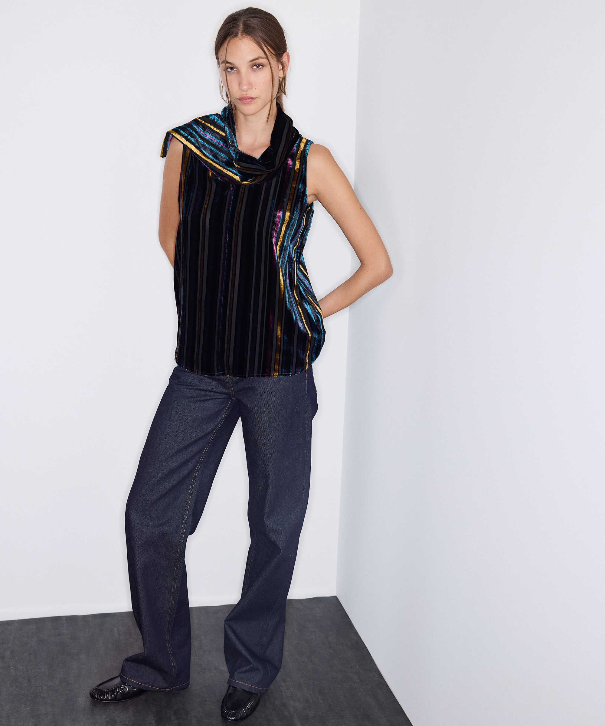 Çizgili kadife bluz - IW6260006146015 - Lacivert Bluz