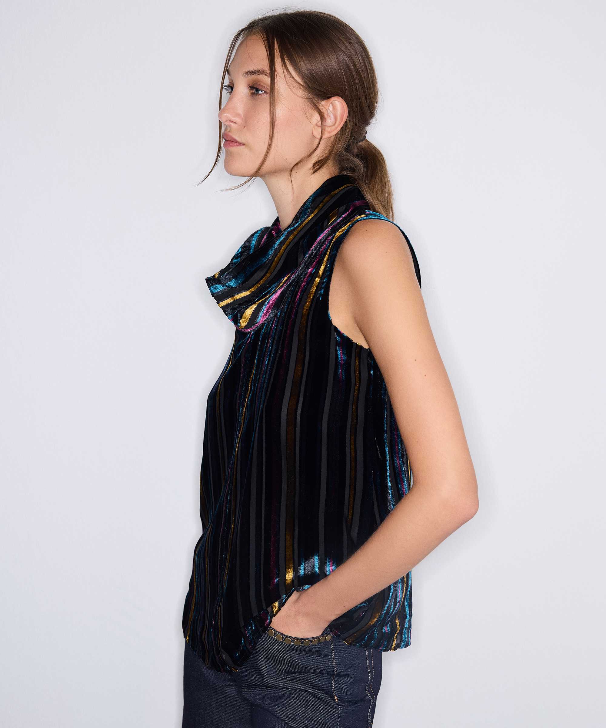 Çizgili kadife bluz - IW6260006146015 - Lacivert Bluz