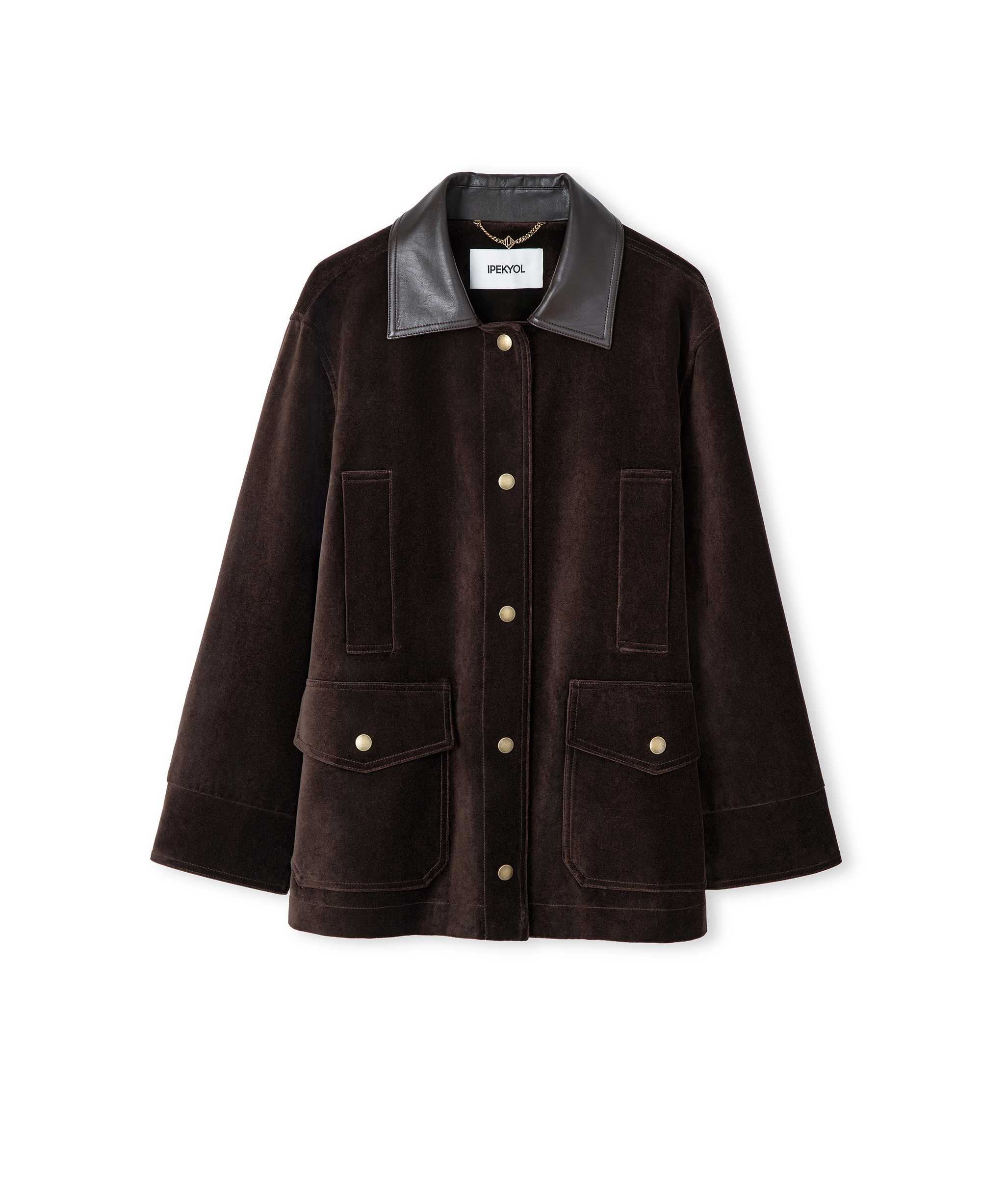 Kontrast yaka kadife mont - IW6260012090074 - Kahverengi Mont