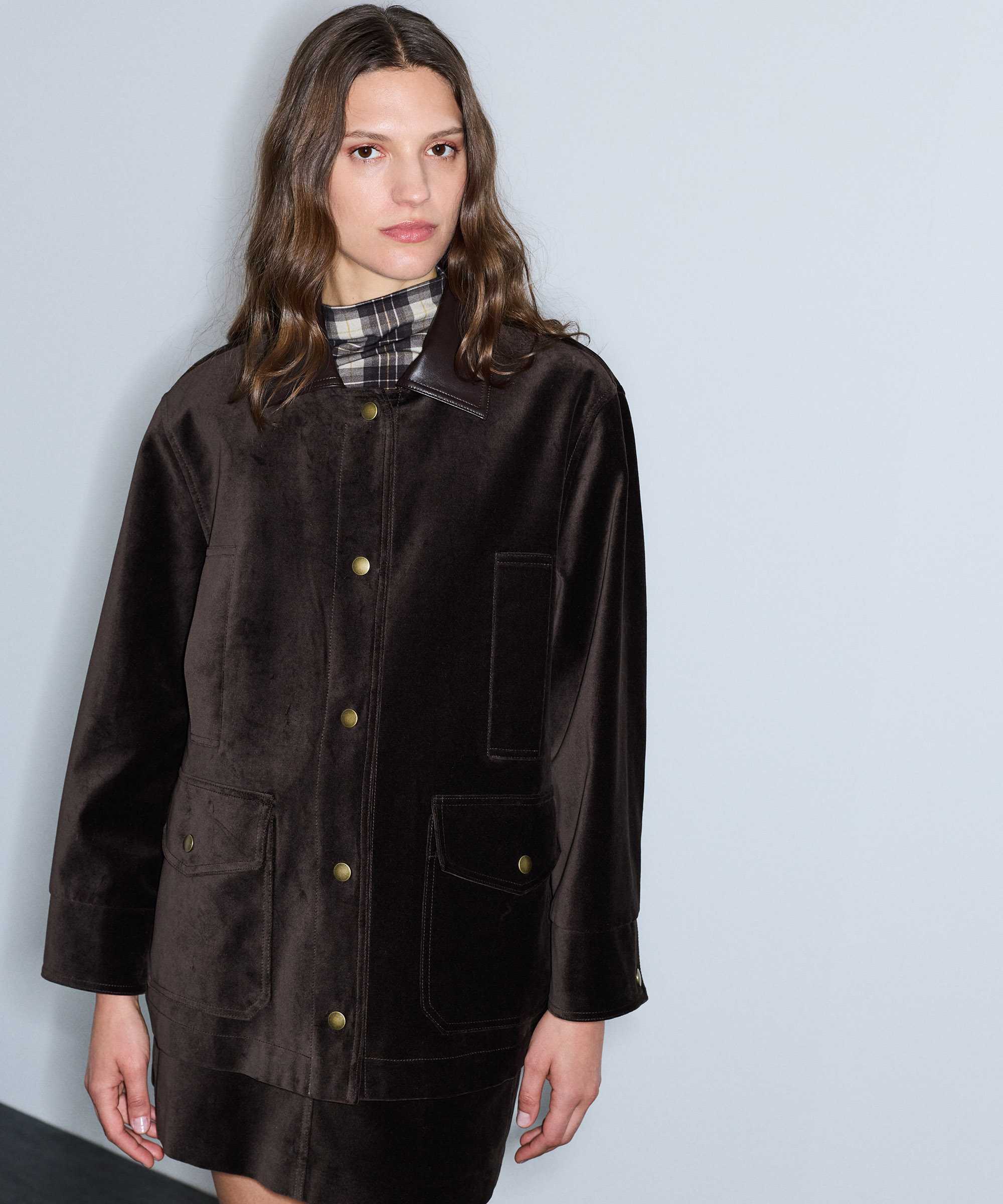 Kontrast yaka kadife mont - IW6260012090074 - Kahverengi Mont