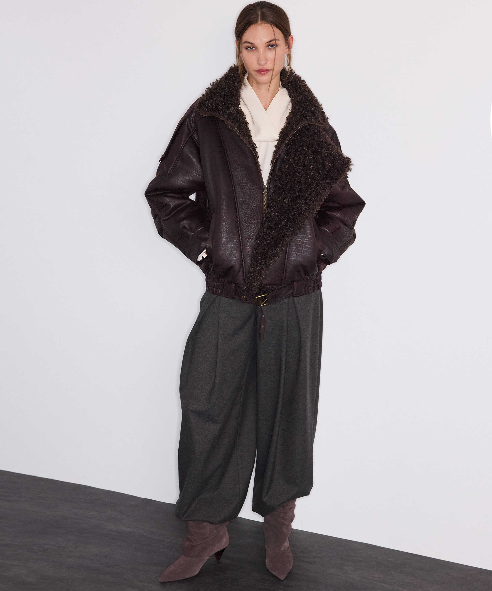 Kumaş mix biker mont - IW6260012104074 - Kahverengi Mont
