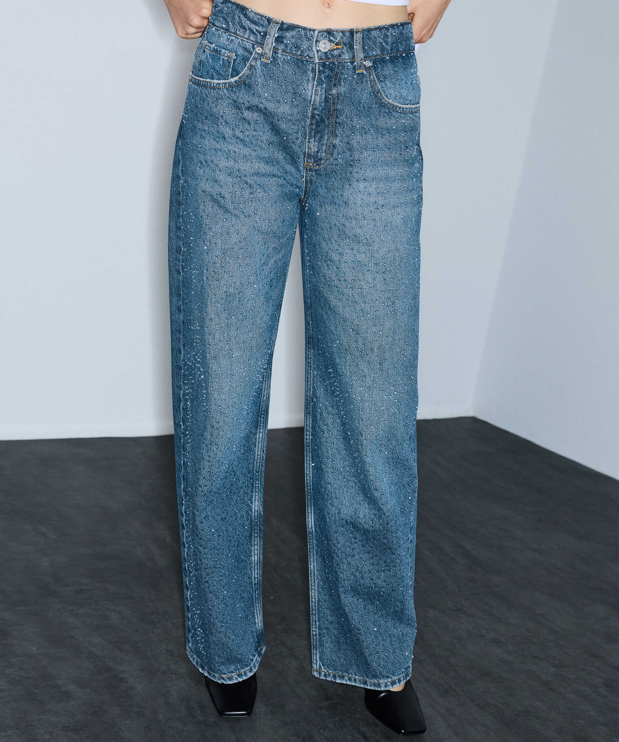 Hotfix baskılı wide leg jean pantolon - IW6260018028165 - Adriatik Mavi Jean Pantolon