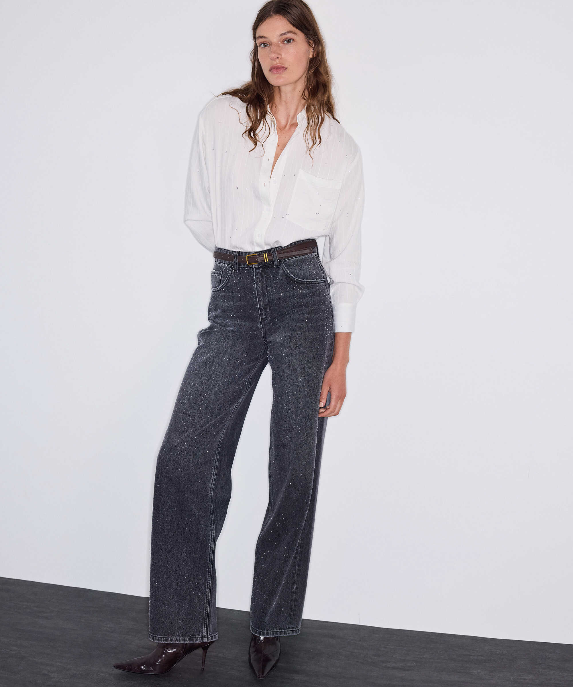 Hotfix baskılı wide leg jean pantolon - IW6260018053036 - Antrasit Jean Pantolon