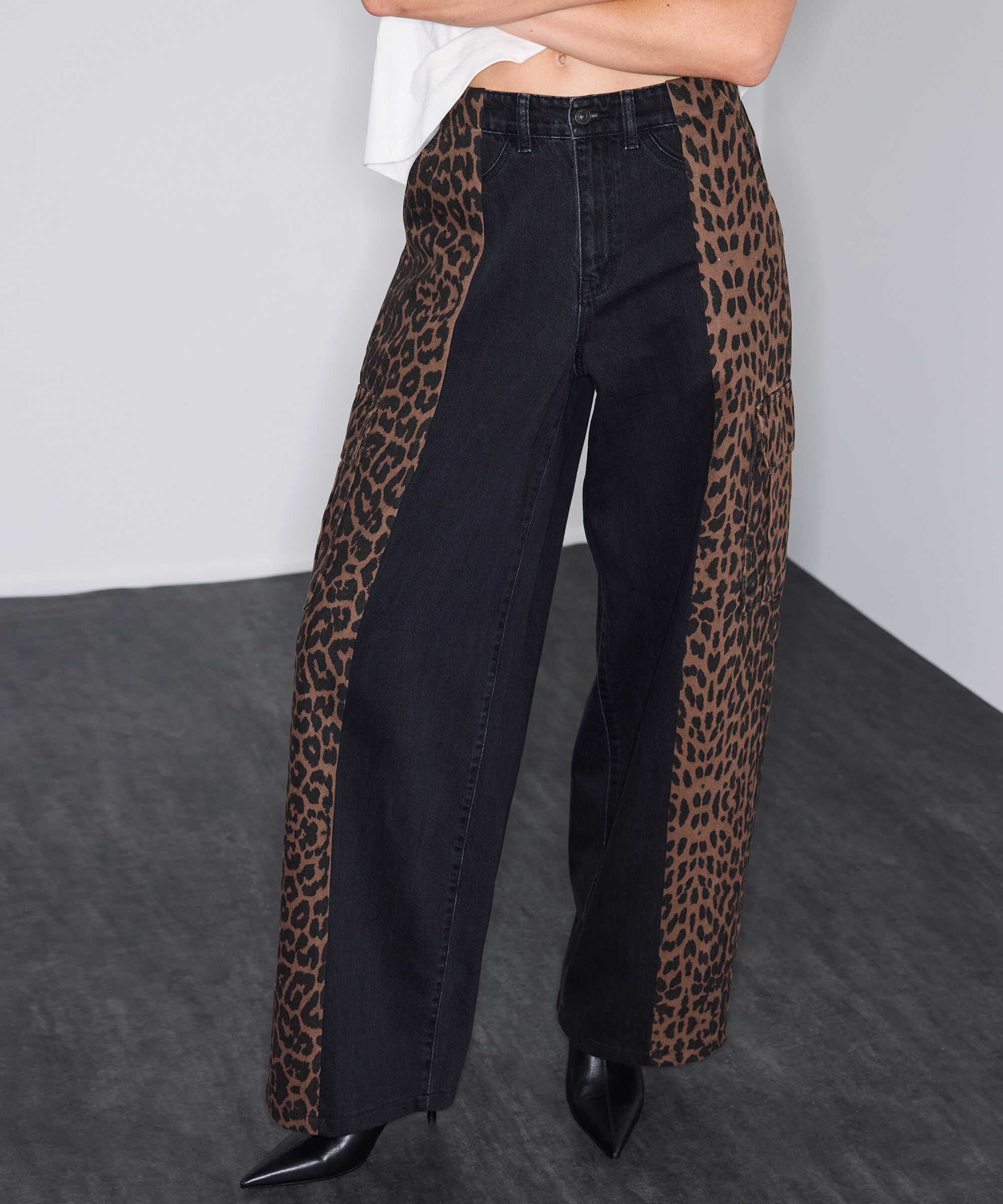 Leopar desen mix jean pantolon - IW6260018054001 - Siyah Jean Pantolon