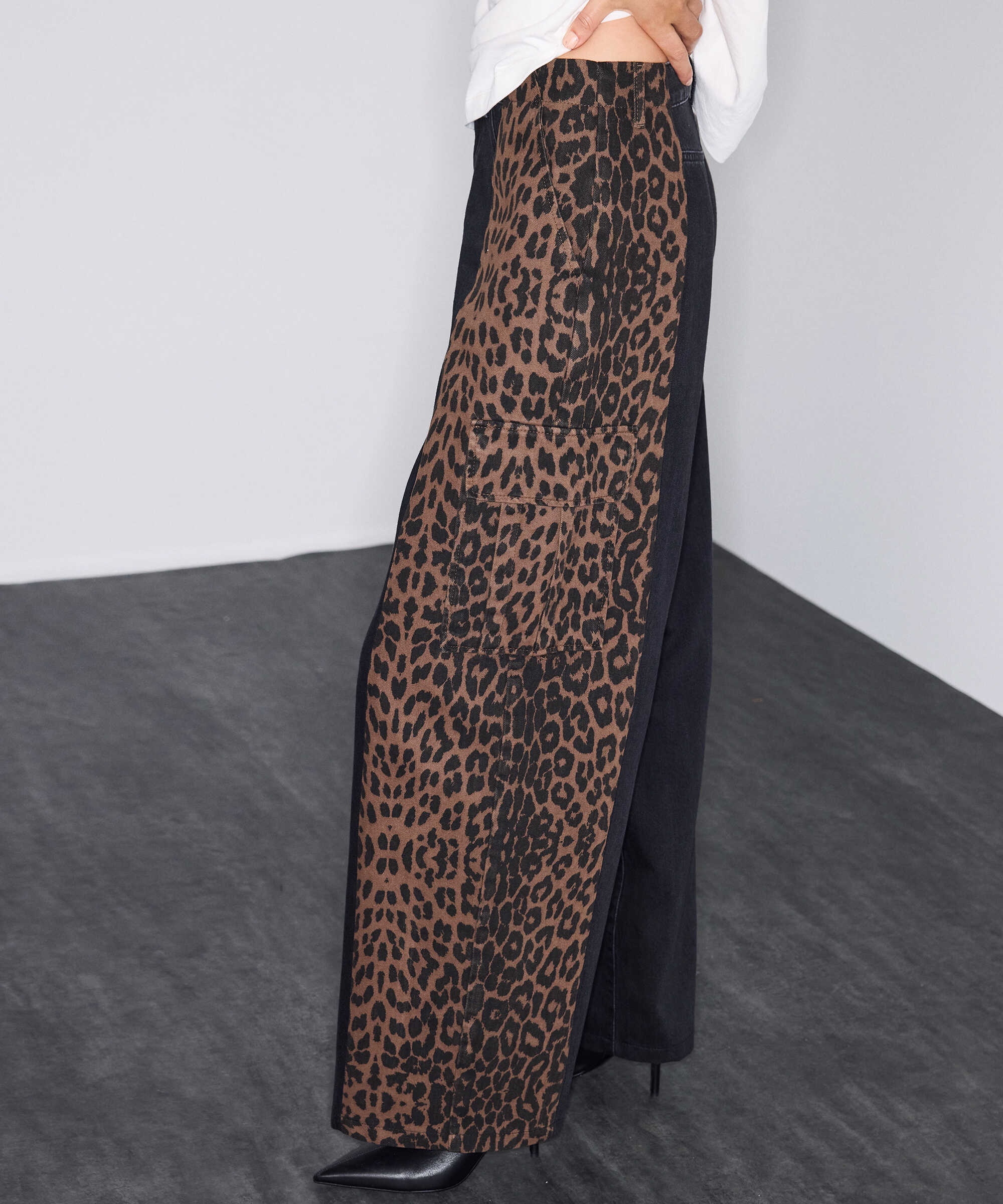 Leopar desen mix jean pantolon - IW6260018054001 - Siyah Jean Pantolon