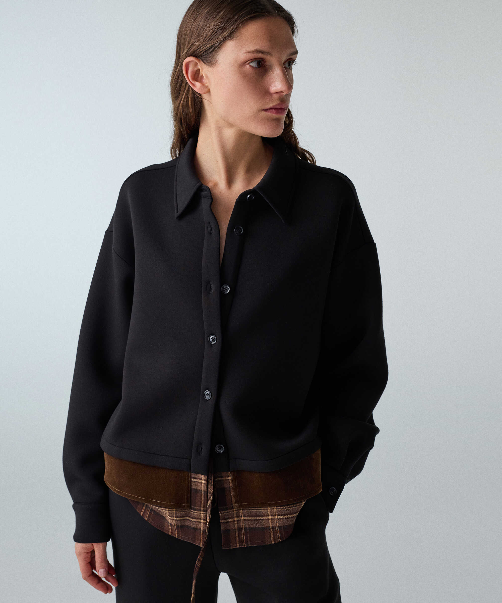 Kontrast katmanlı oversize gömlek - IW6260025144001 - Siyah GOMLEK